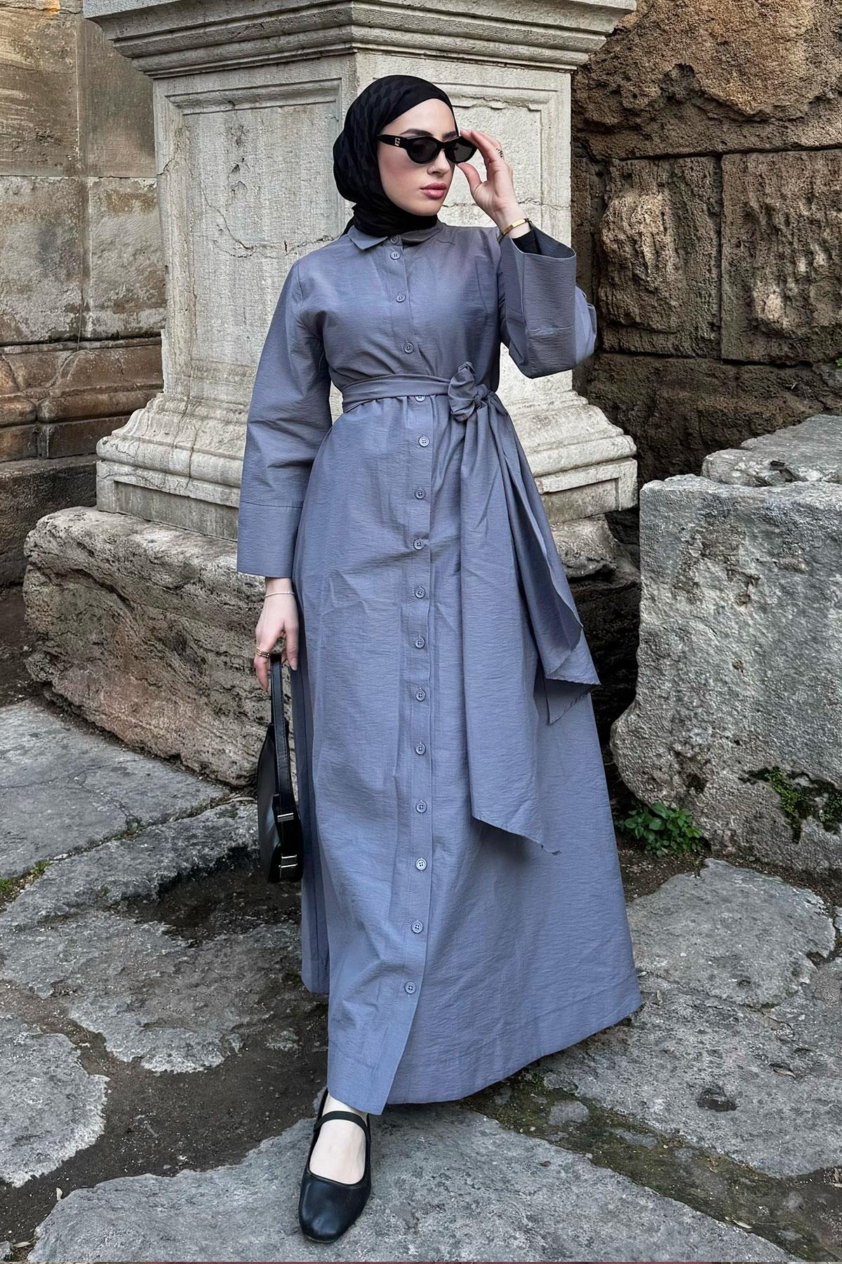 Geniş Kemerli Gömlek Elbise-Gri
