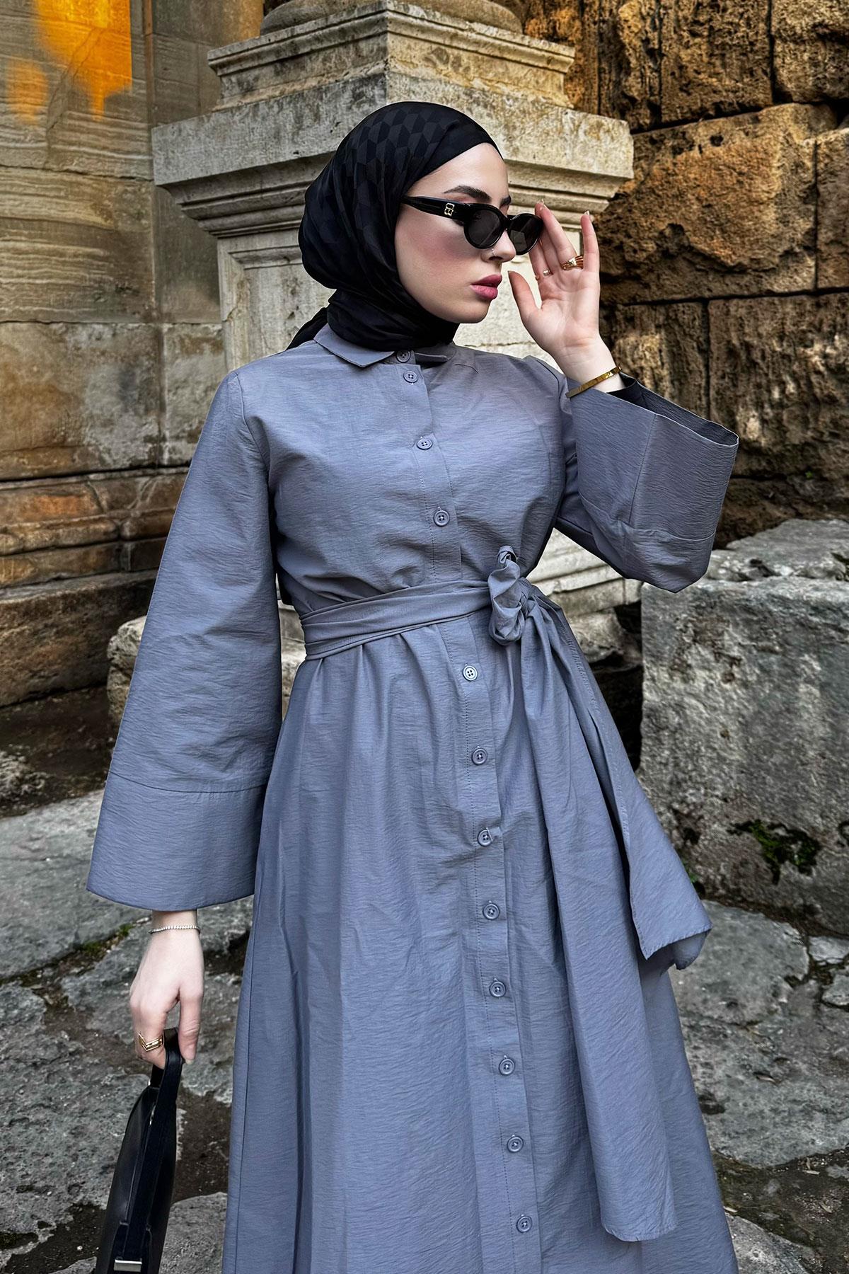 Geniş Kemerli Gömlek Elbise-Gri