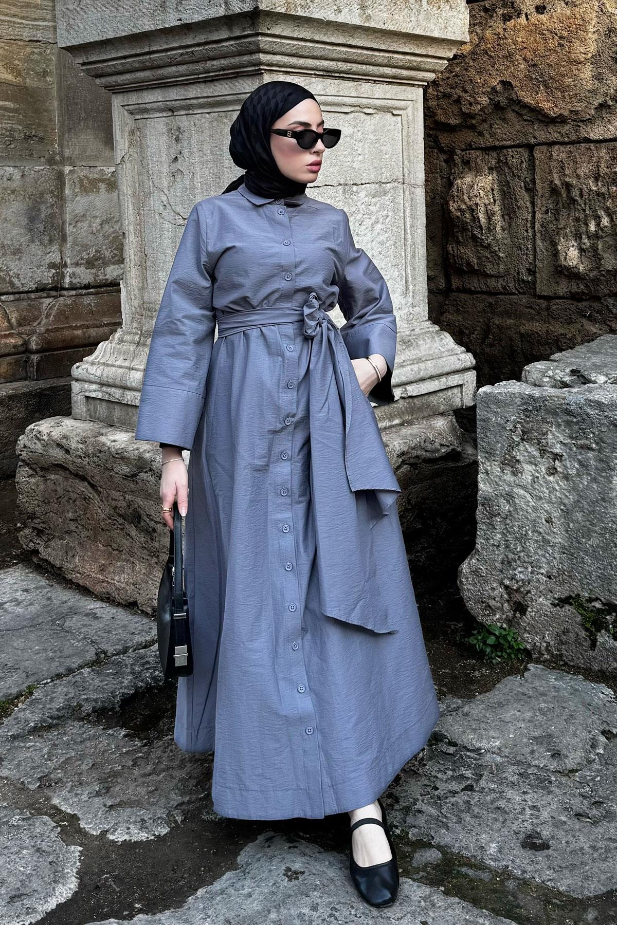 Geniş Kemerli Gömlek Elbise-Gri