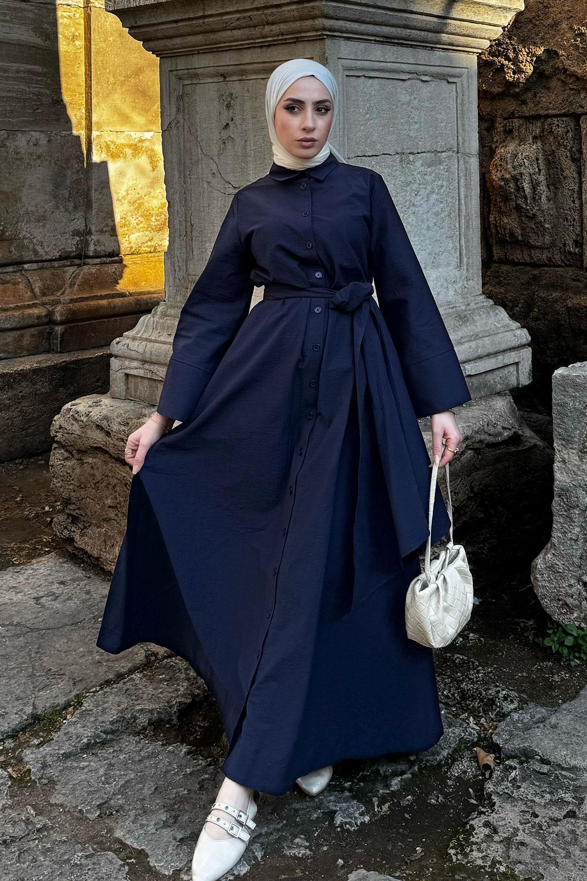 Geniş Kemerli Gömlek Elbise-Lacivert