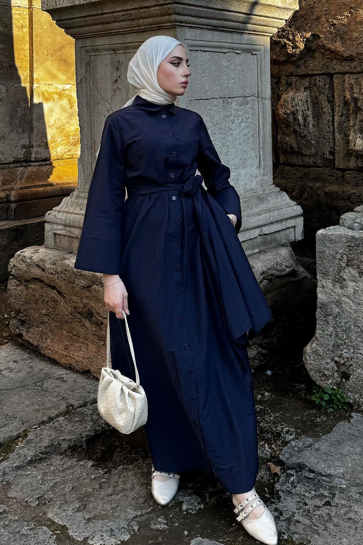 Geniş Kemerli Gömlek Elbise-Lacivert