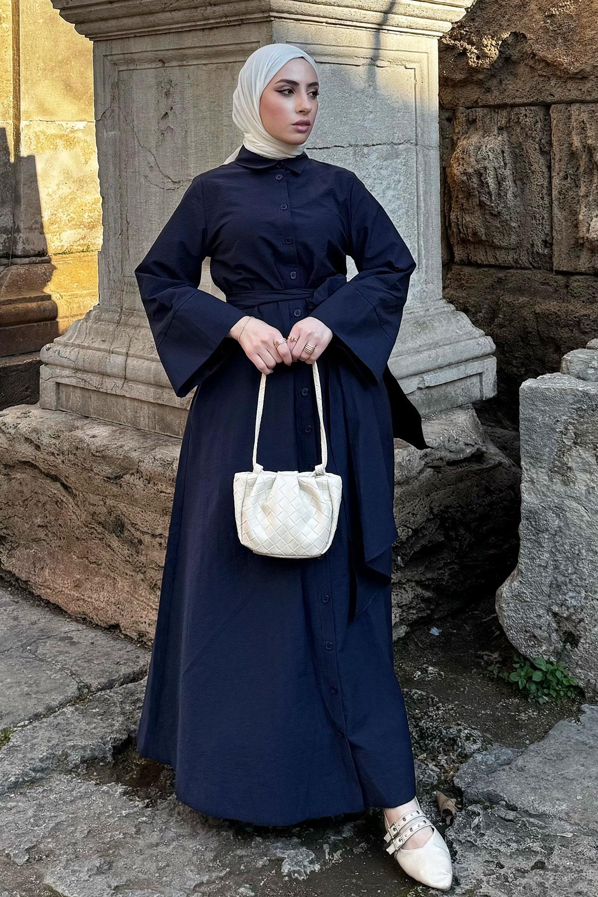 Geniş Kemerli Gömlek Elbise-Lacivert