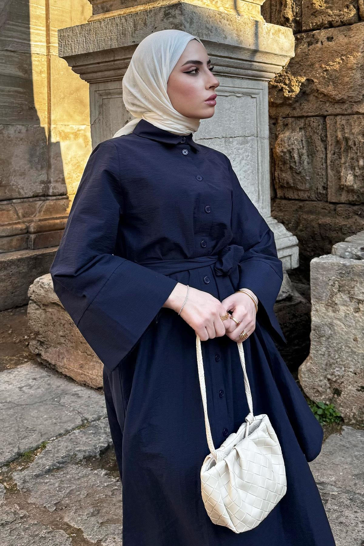 Geniş Kemerli Gömlek Elbise-Lacivert