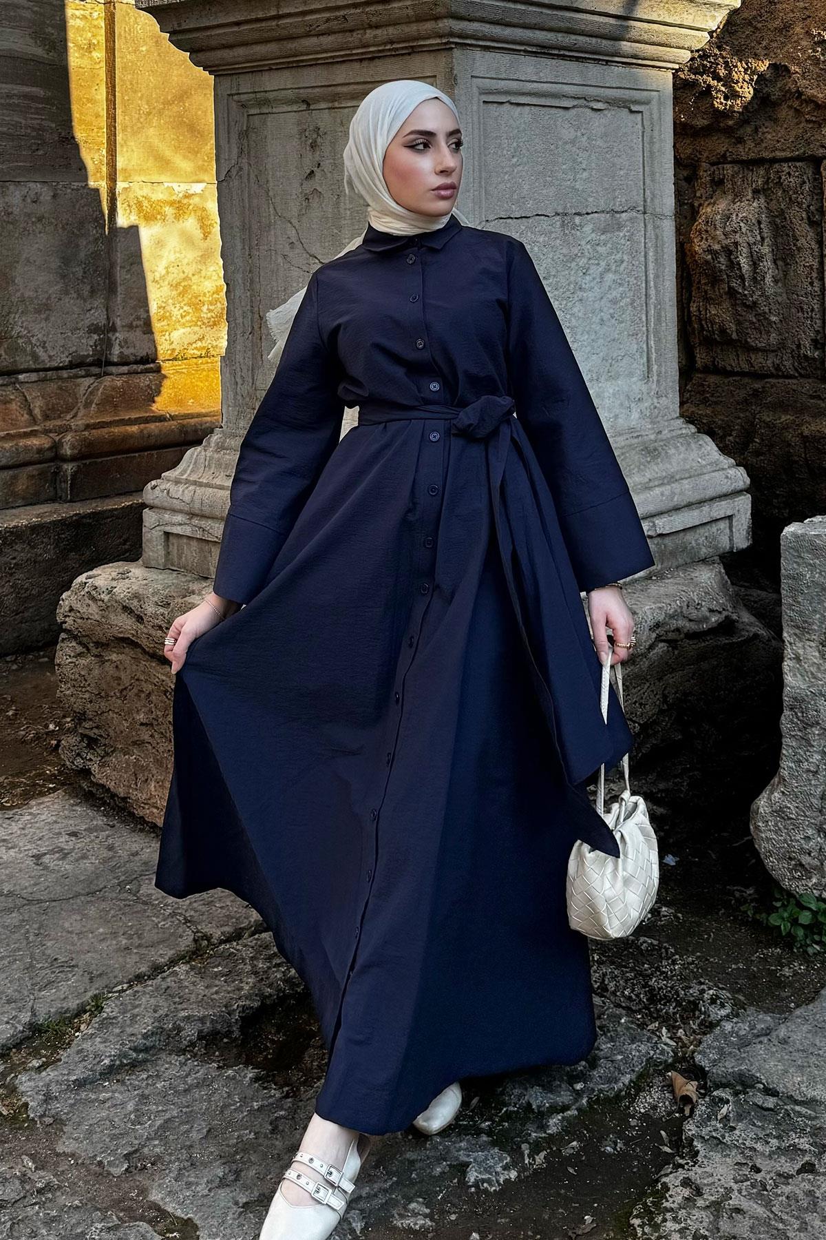 Geniş Kemerli Gömlek Elbise-Lacivert