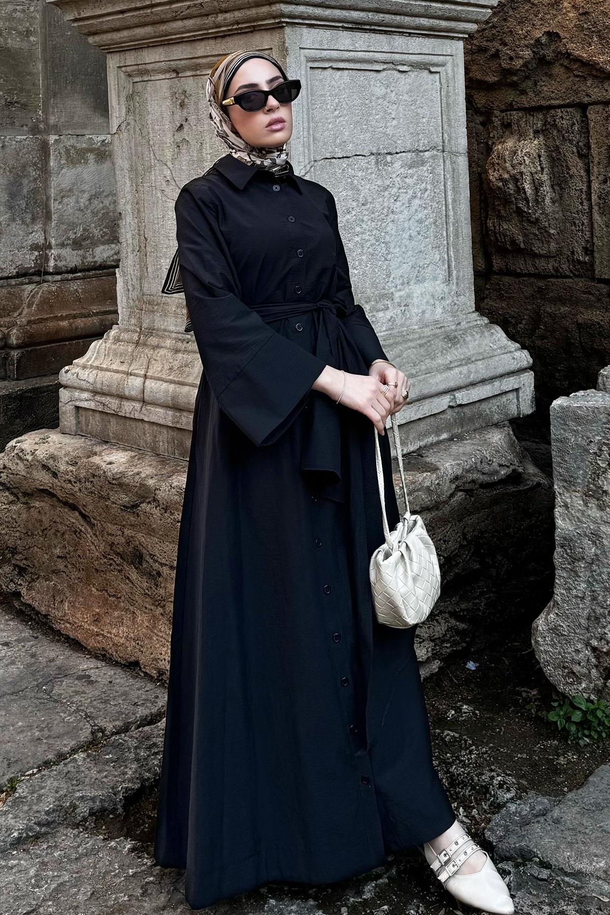 Geniş Kemerli Gömlek Elbise-Siyah