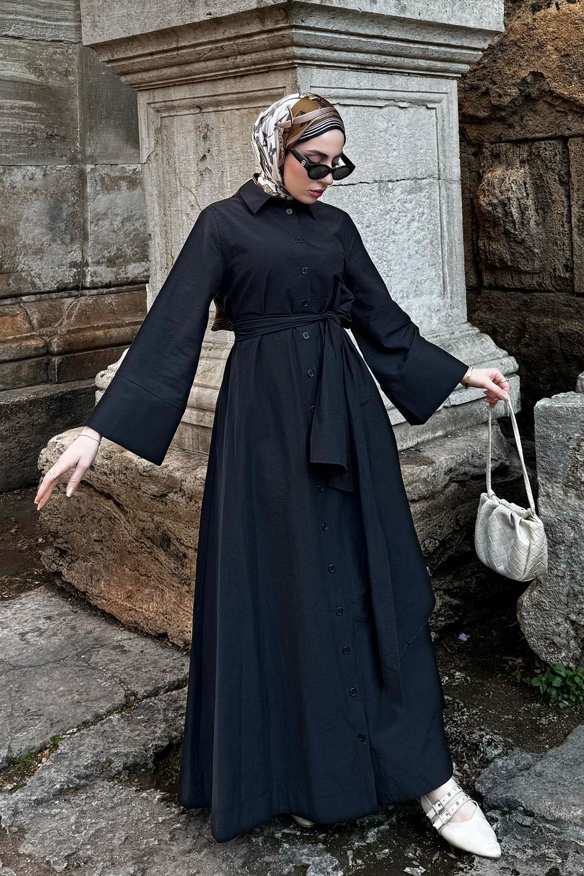 Geniş Kemerli Gömlek Elbise-Siyah