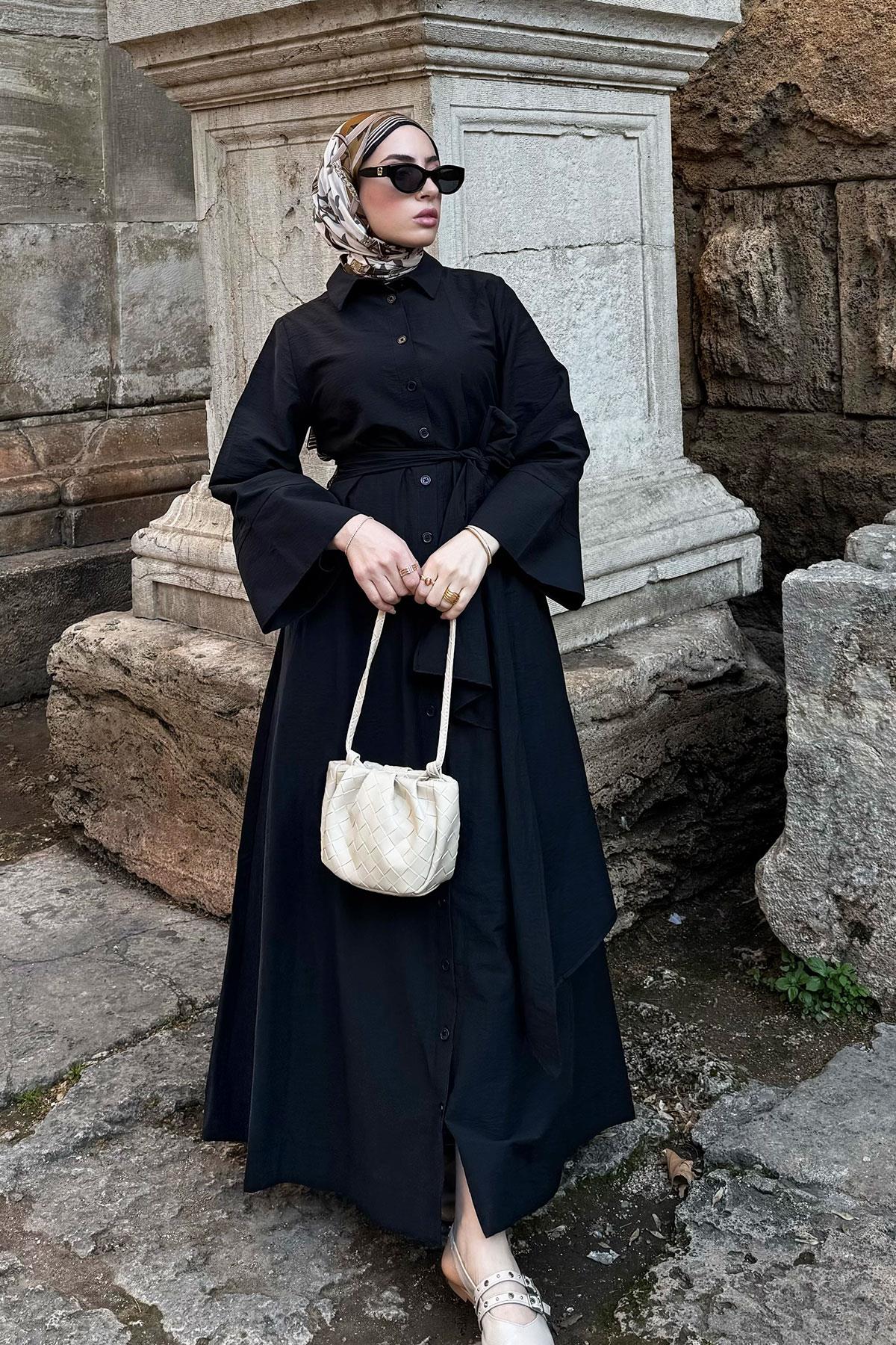 Geniş Kemerli Gömlek Elbise-Siyah