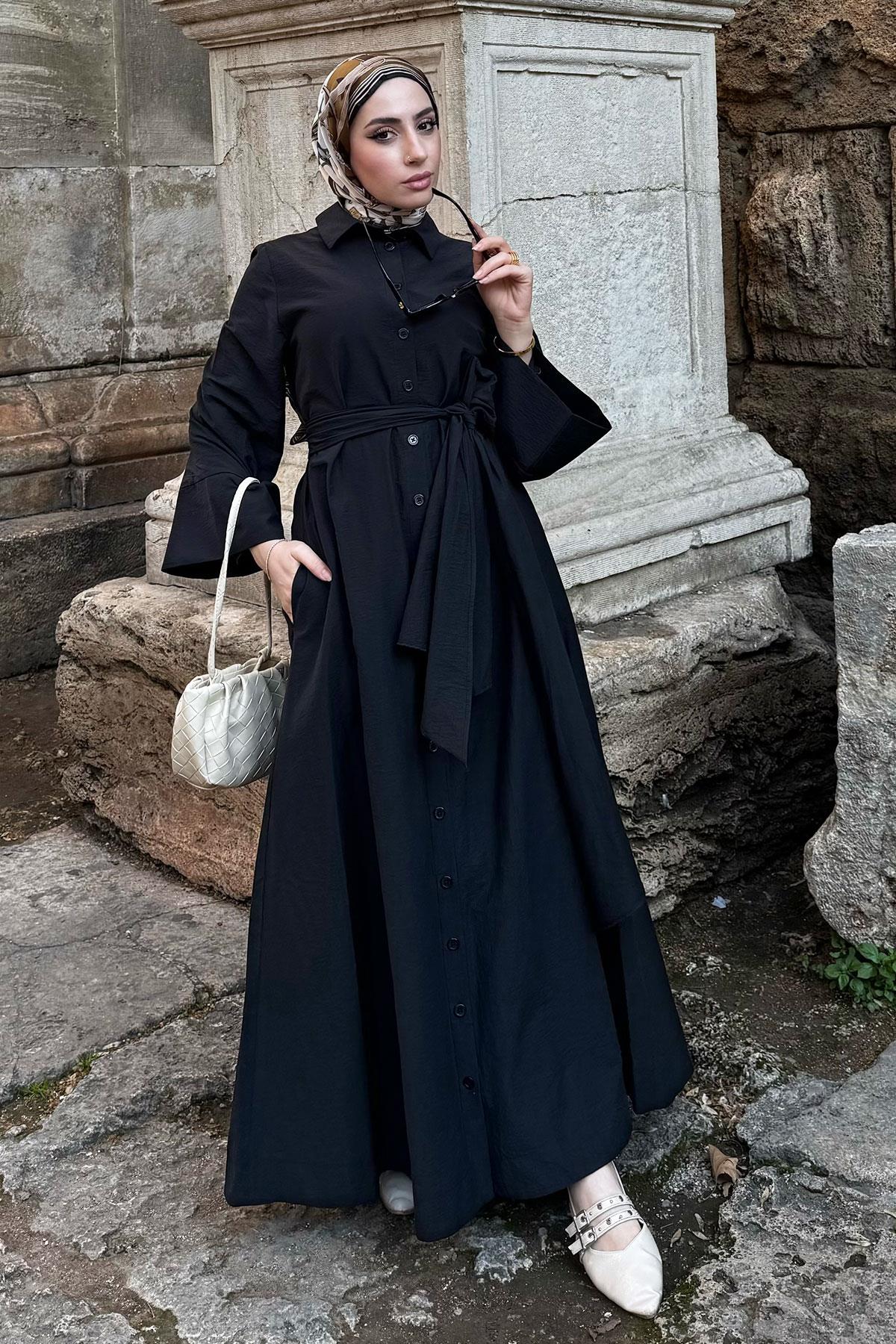 Geniş Kemerli Gömlek Elbise-Siyah