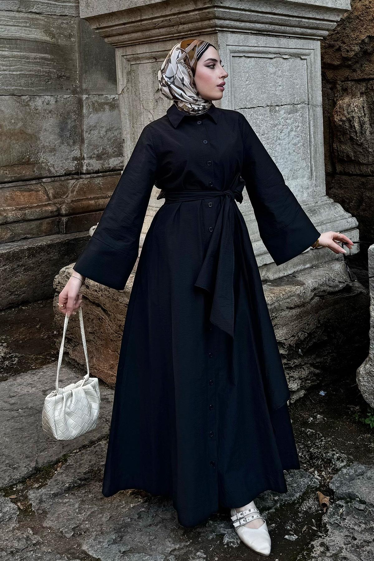 Geniş Kemerli Gömlek Elbise-Siyah