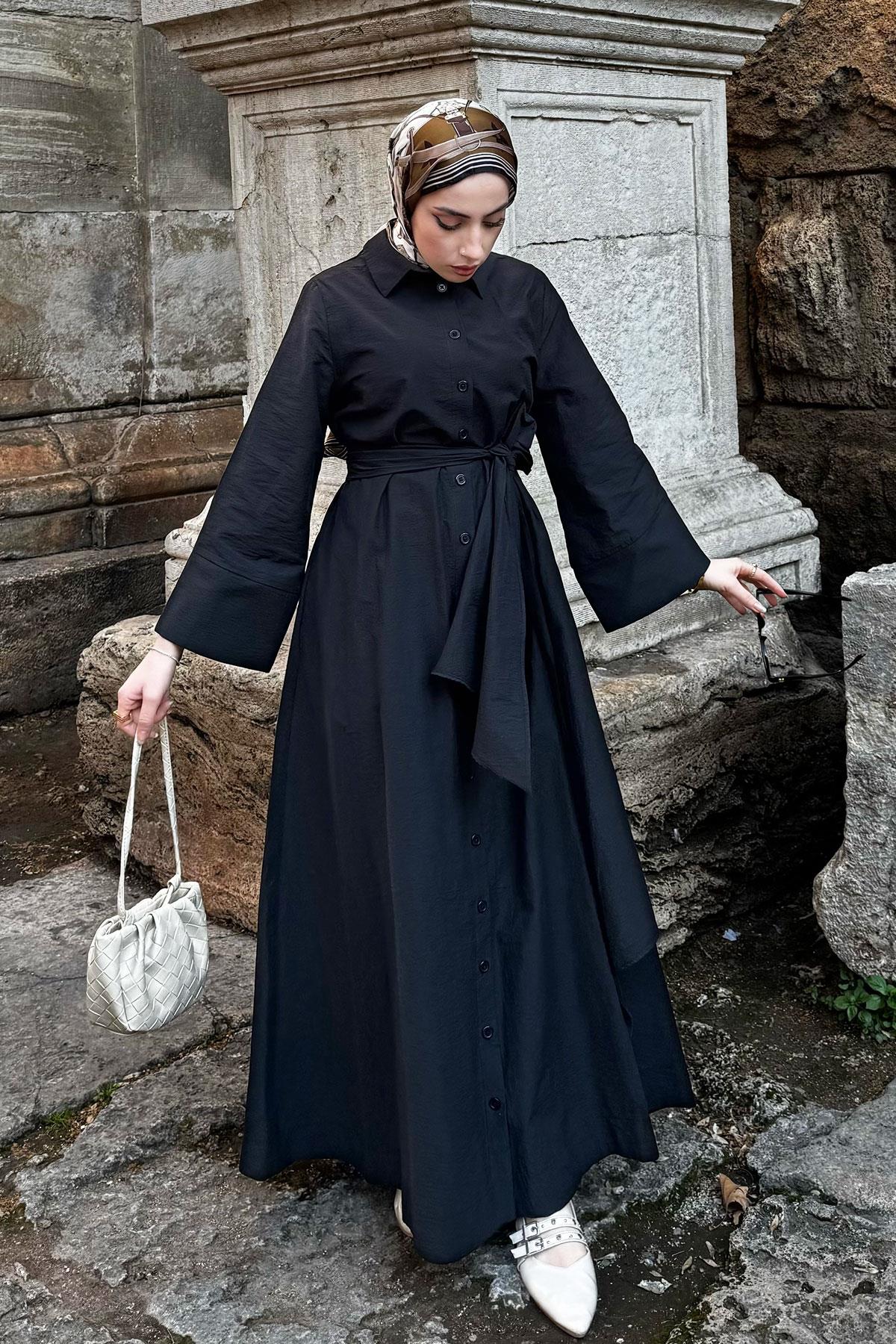 Geniş Kemerli Gömlek Elbise-Siyah