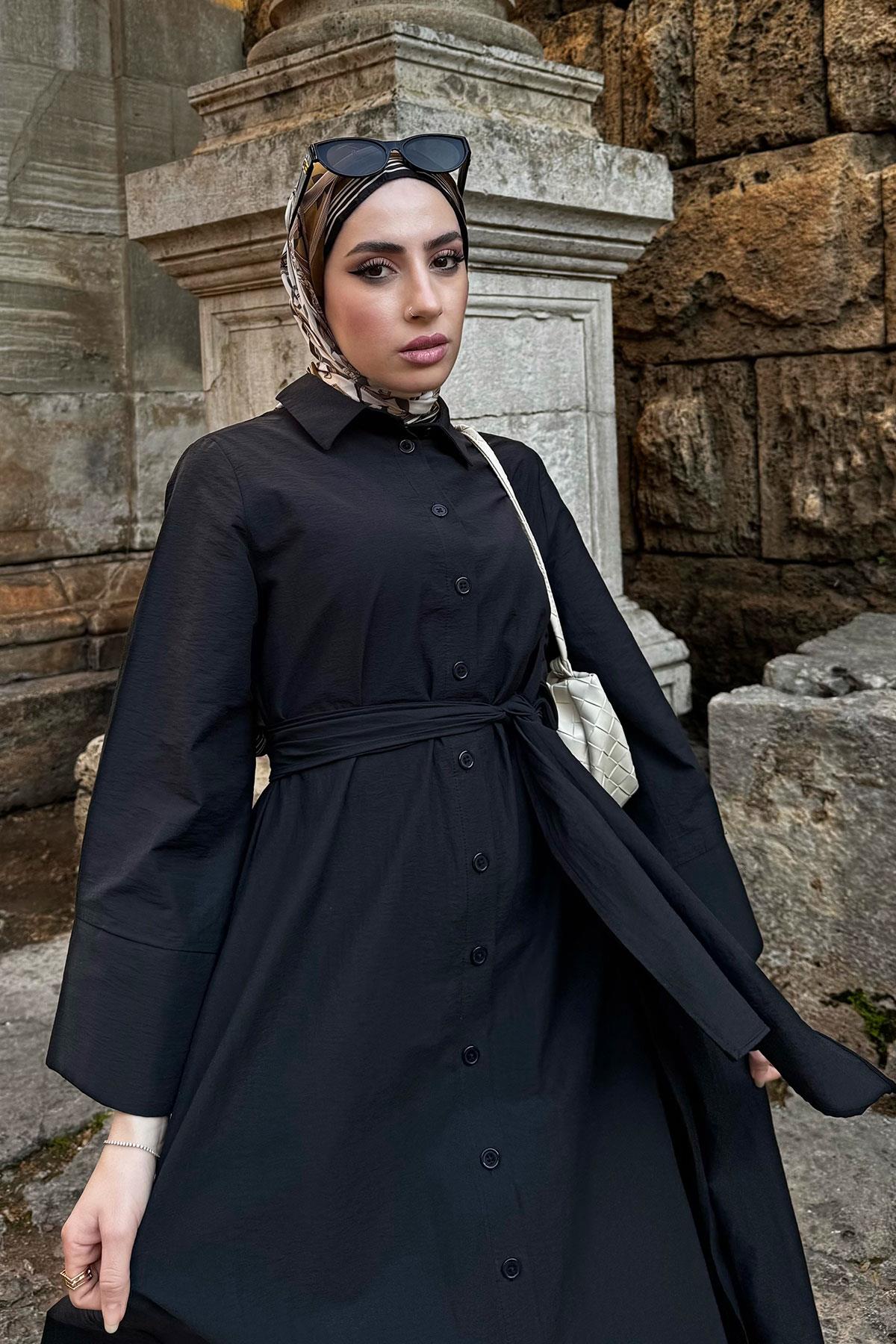 Geniş Kemerli Gömlek Elbise-Siyah