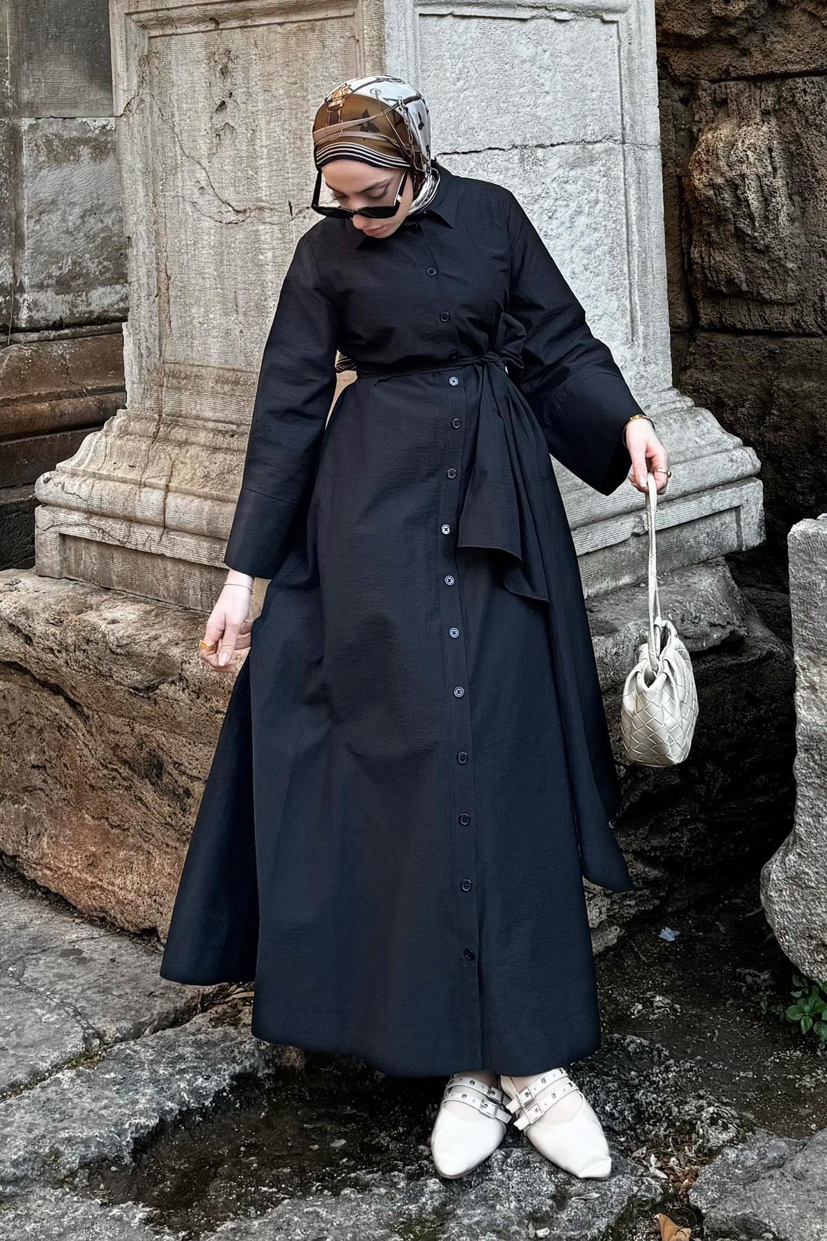 Geniş Kemerli Gömlek Elbise-Siyah