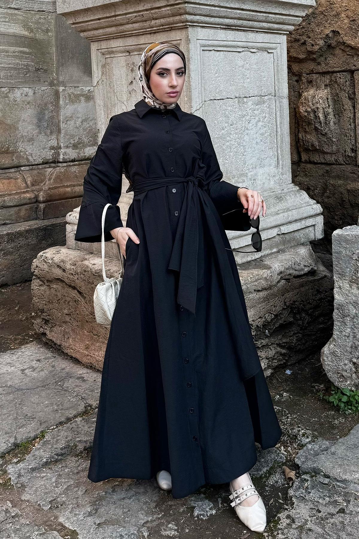 Geniş Kemerli Gömlek Elbise-Siyah