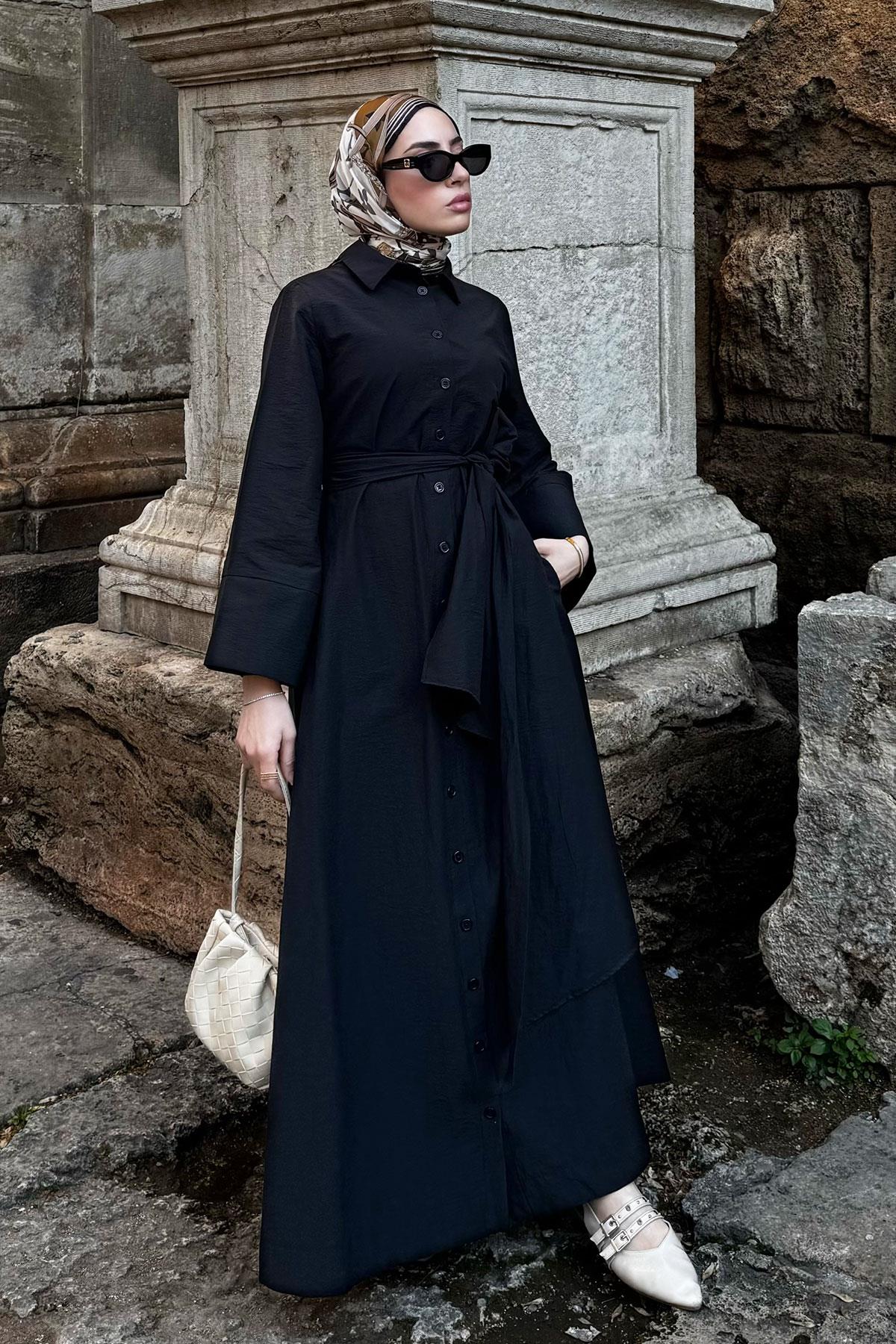 Geniş Kemerli Gömlek Elbise-Siyah