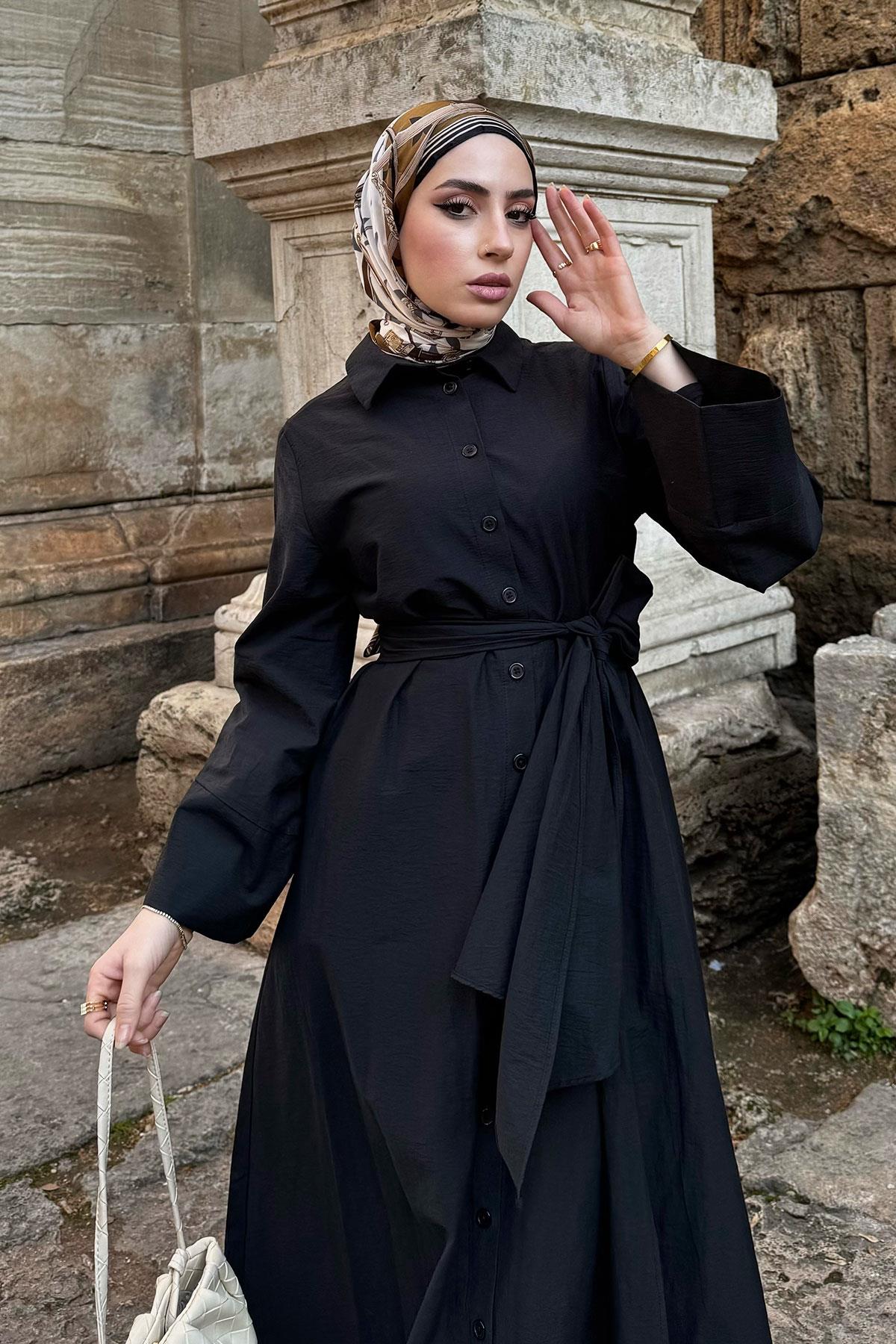 Geniş Kemerli Gömlek Elbise-Siyah