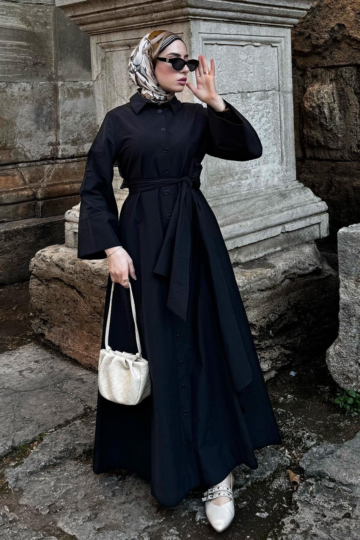 Geniş Kemerli Gömlek Elbise-Siyah