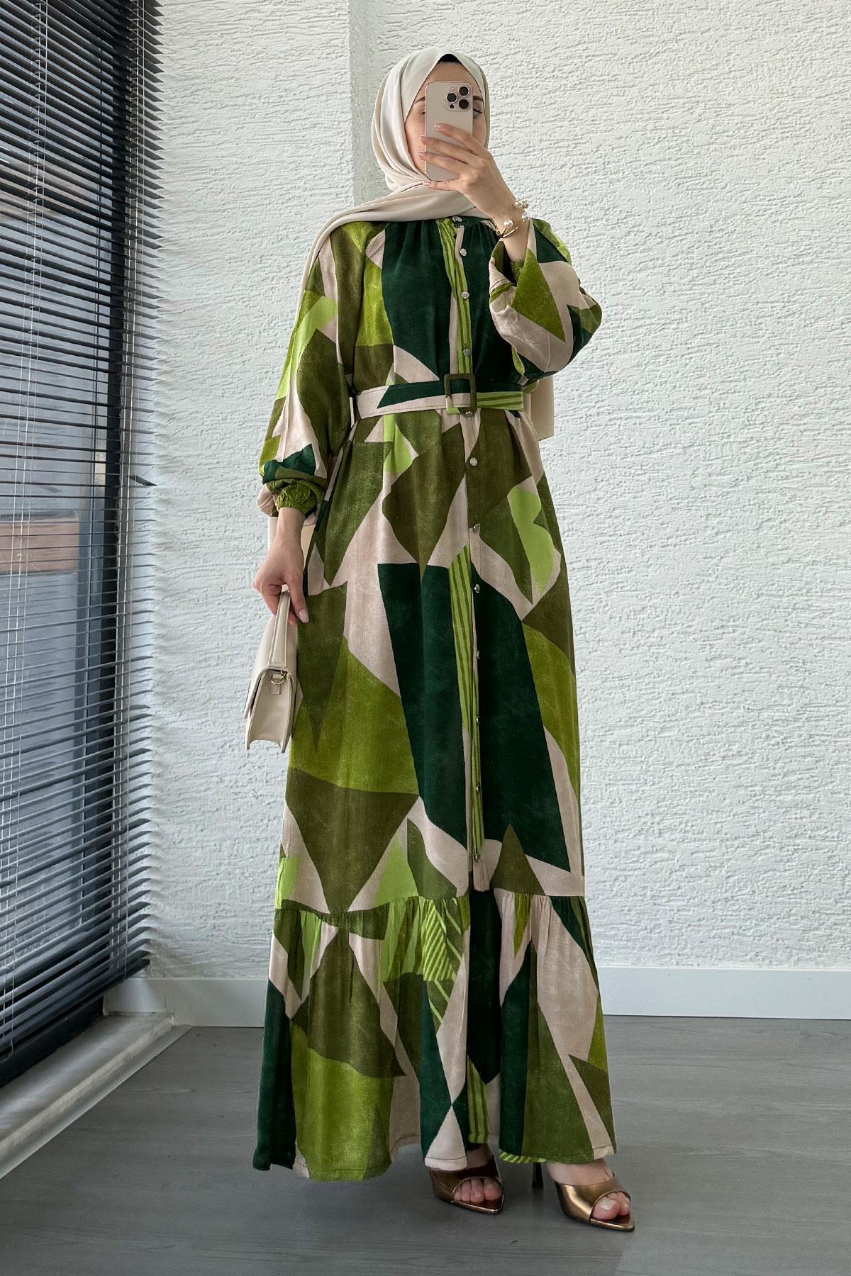 Geometrik Desen Kemerli Viskon Elbise-Yeşil