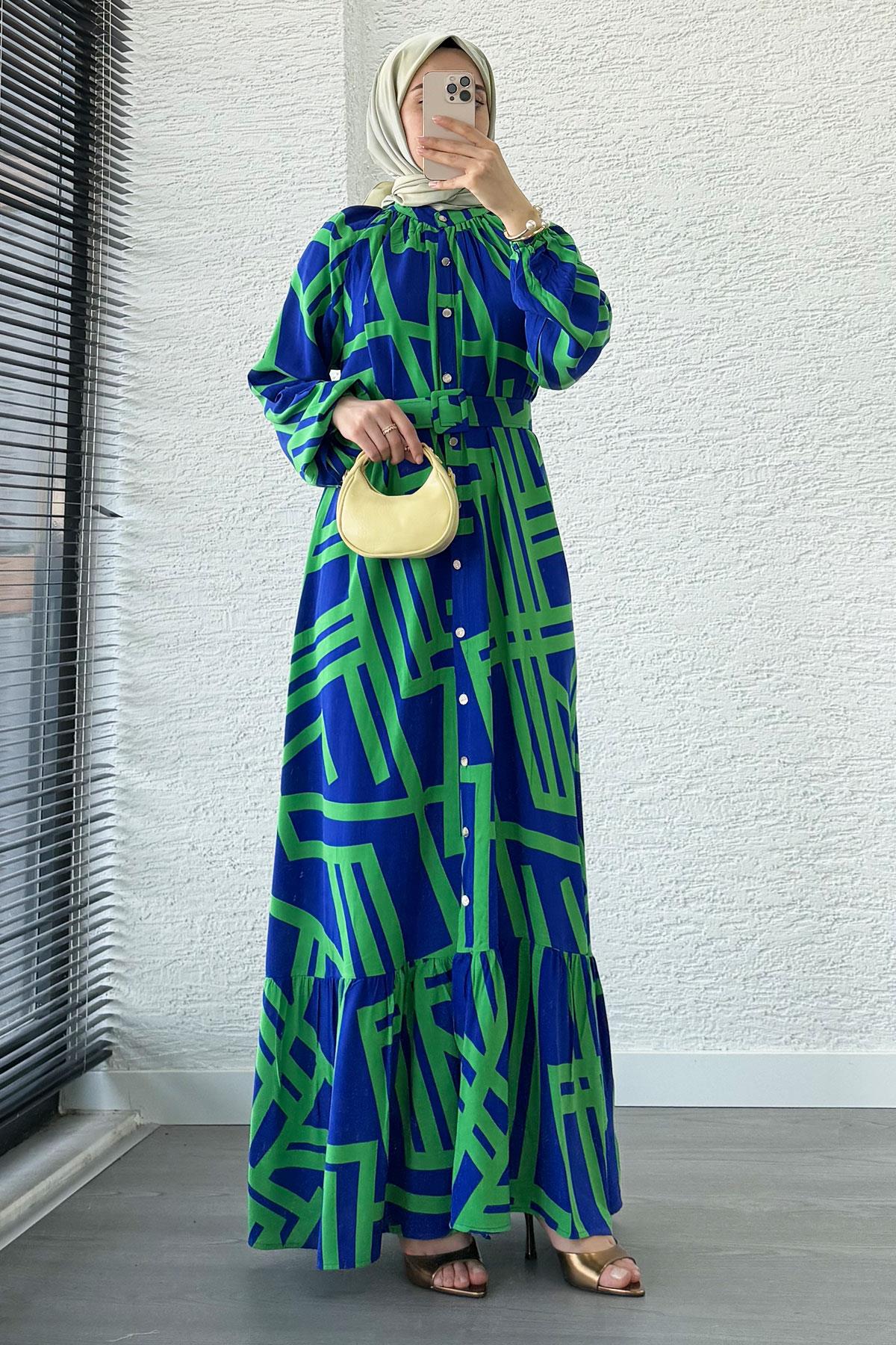 Geometrik Desen Kemerli Viskon Elbise-Saks