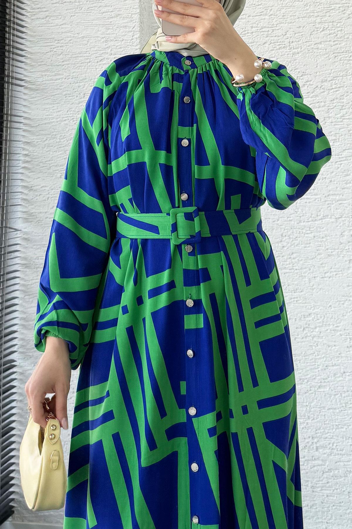 Geometrik Desen Kemerli Viskon Elbise-Saks