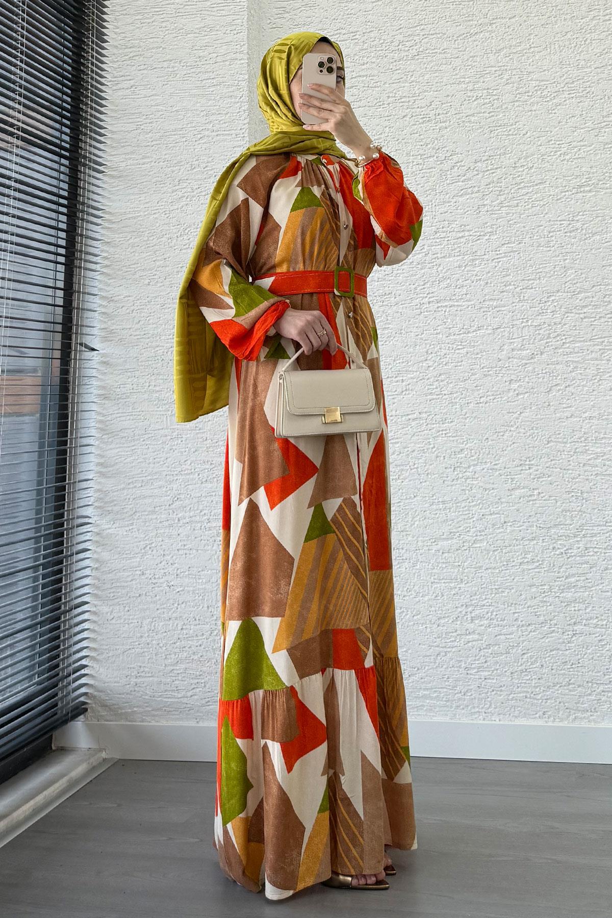 Geometrik Desen Kemerli Viskon Elbise-Kahverengi