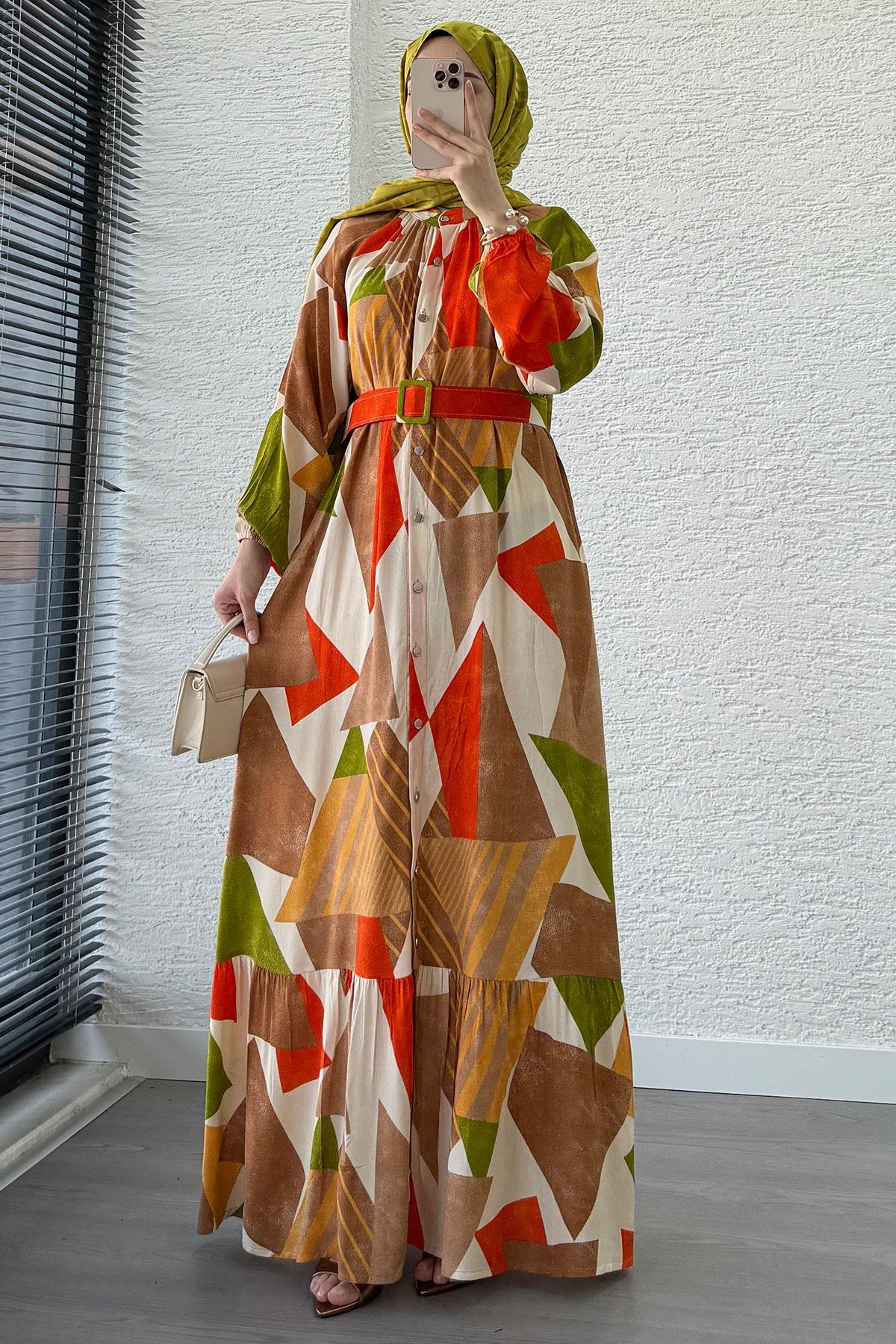 Geometrik Desen Kemerli Viskon Elbise-Kahverengi