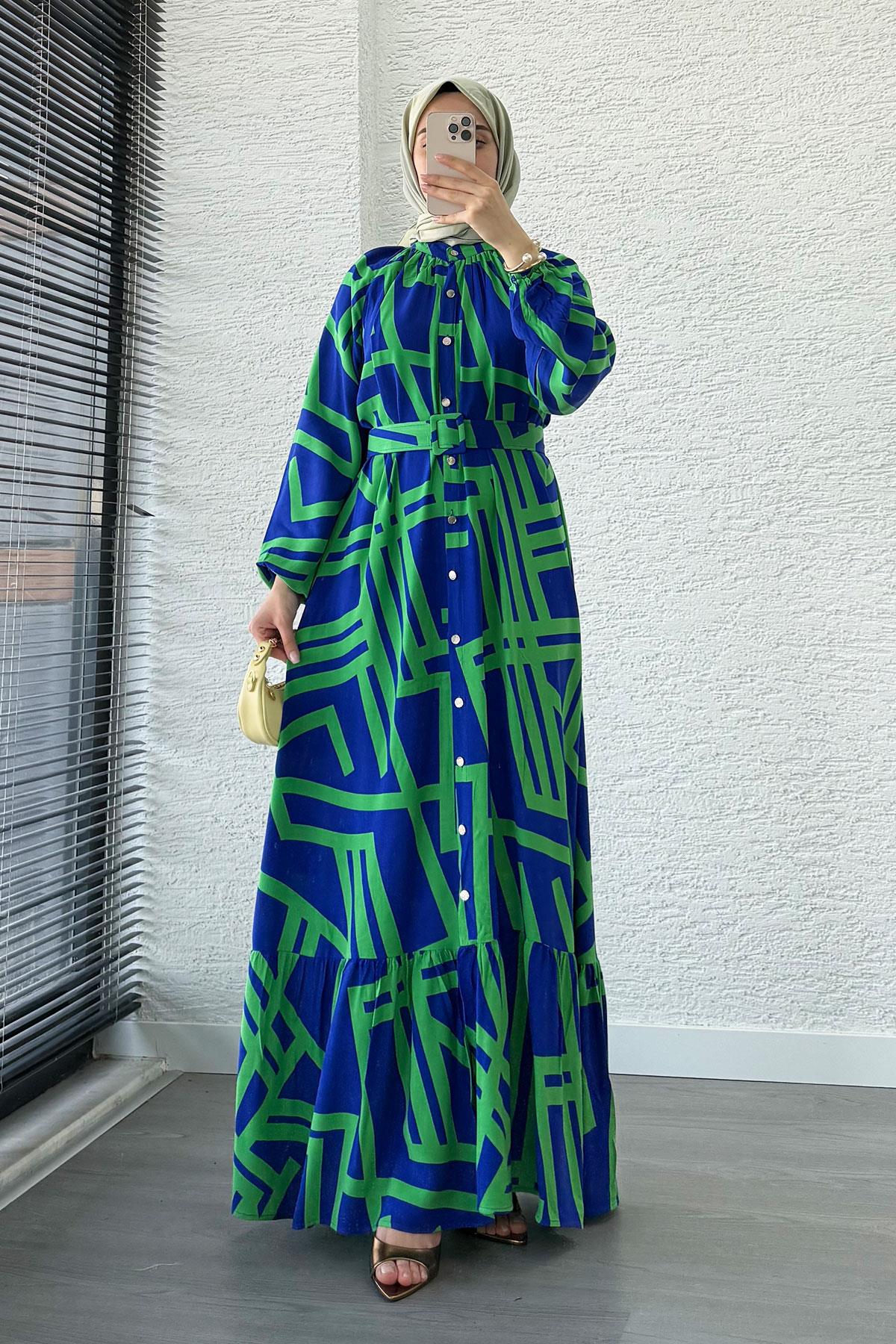 Geometrik Desen Kemerli Viskon Elbise-Saks