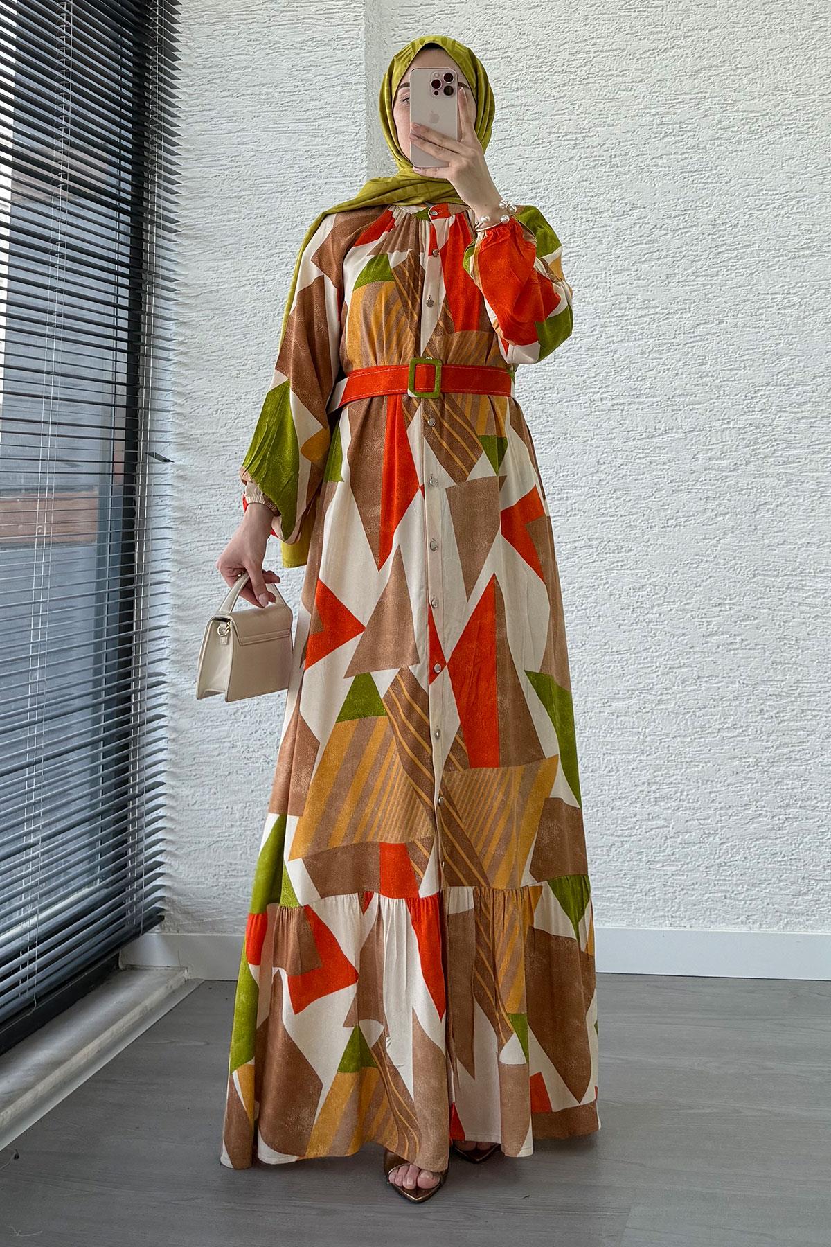 Geometrik Desen Kemerli Viskon Elbise-Kahverengi