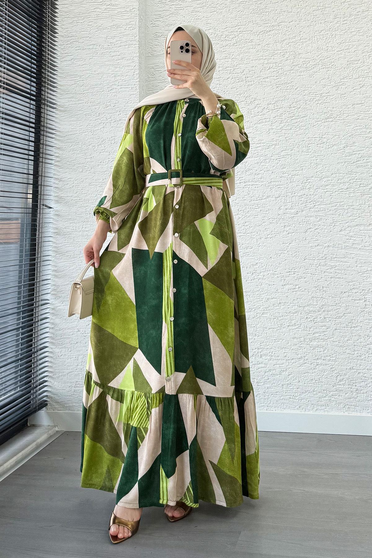 Geometrik Desen Kemerli Viskon Elbise-Yeşil