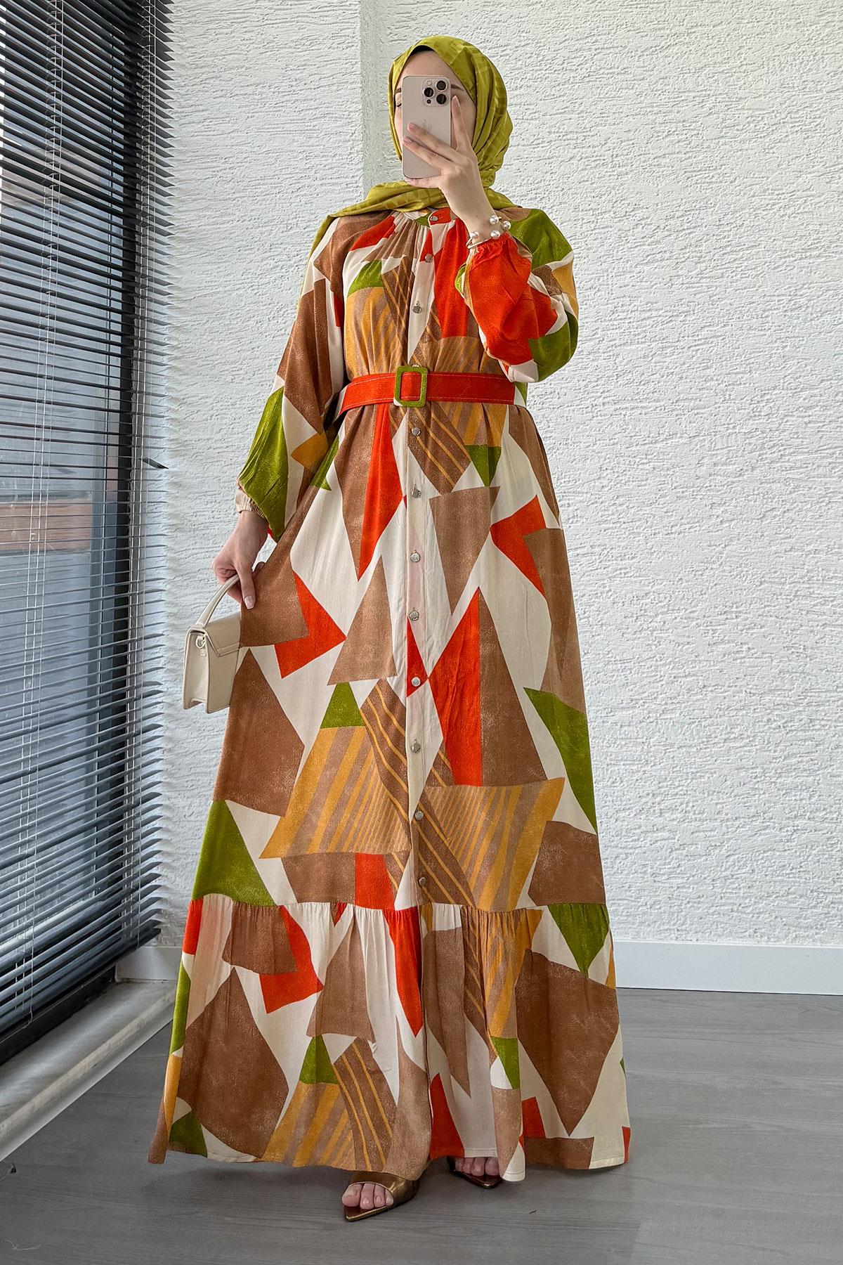 Geometrik Desen Kemerli Viskon Elbise-Kahverengi