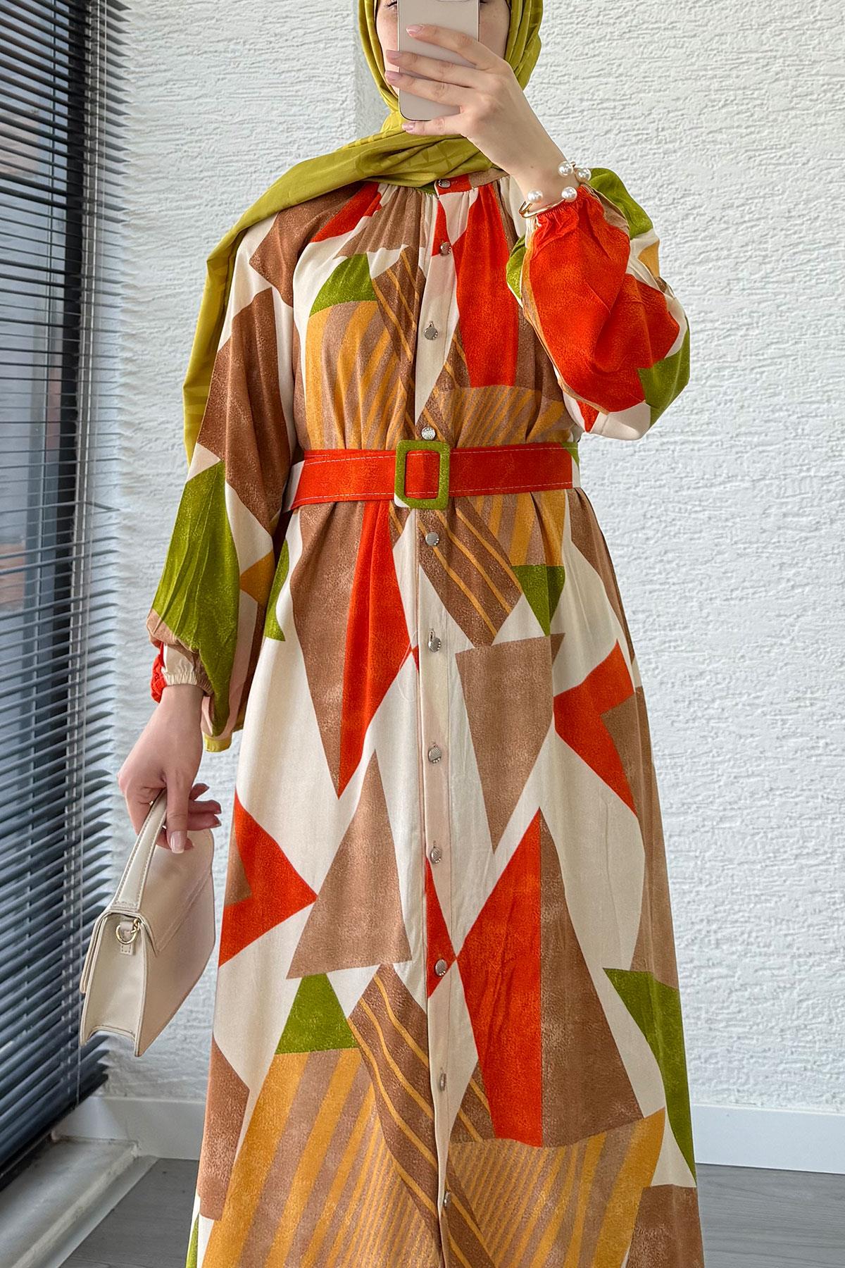 Geometrik Desen Kemerli Viskon Elbise-Kahverengi