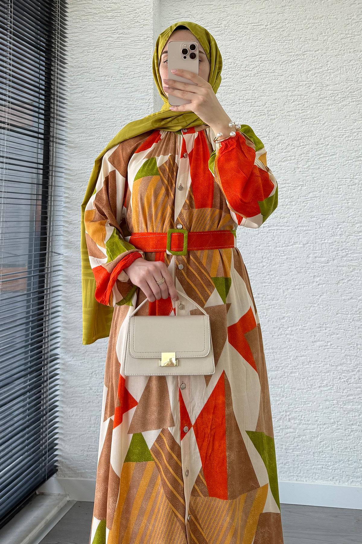 Geometrik Desen Kemerli Viskon Elbise-Kahverengi