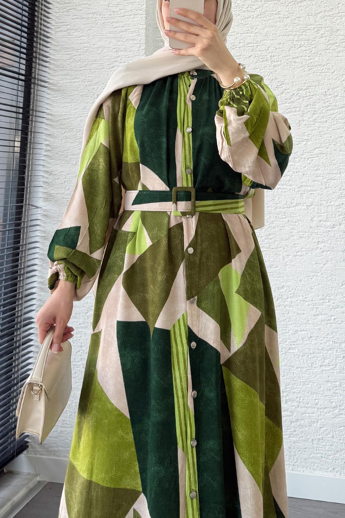 Geometrik Desen Kemerli Viskon Elbise-Yeşil