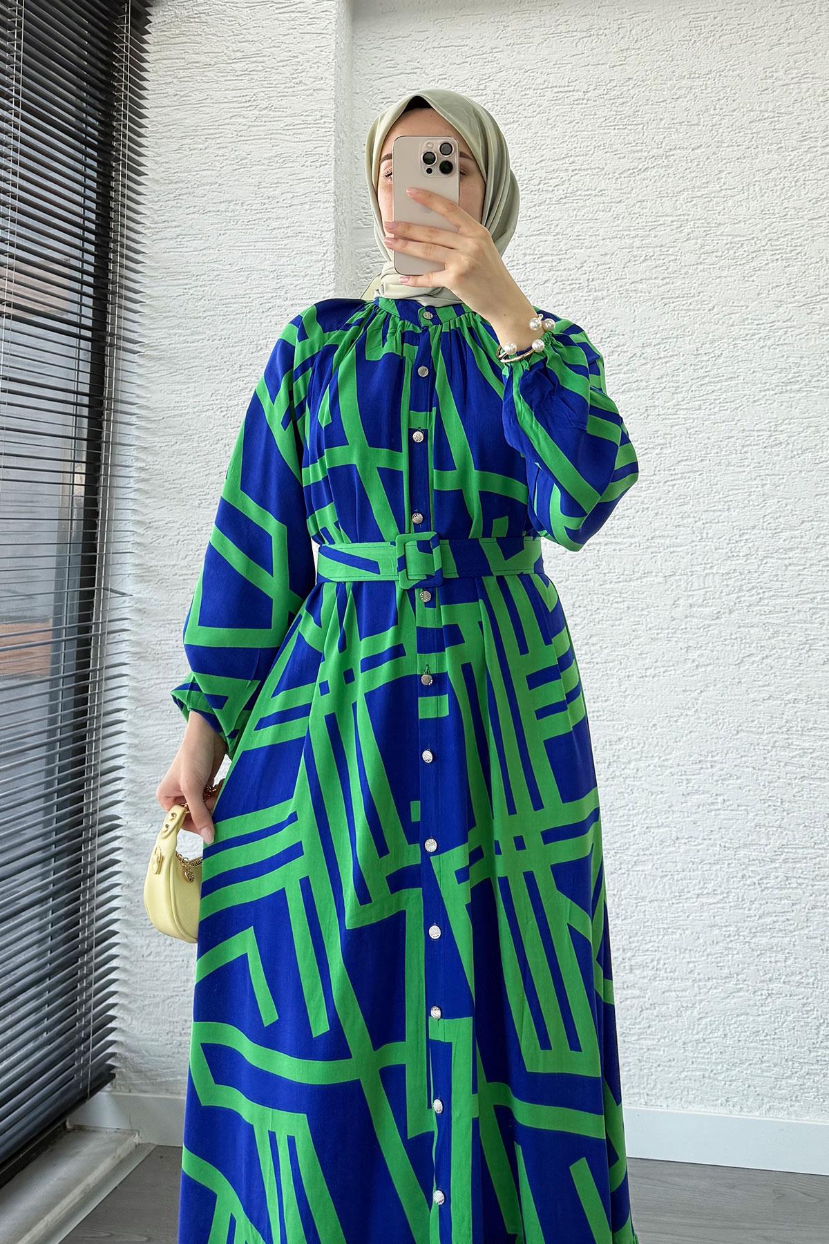 Geometrik Desen Kemerli Viskon Elbise-Saks