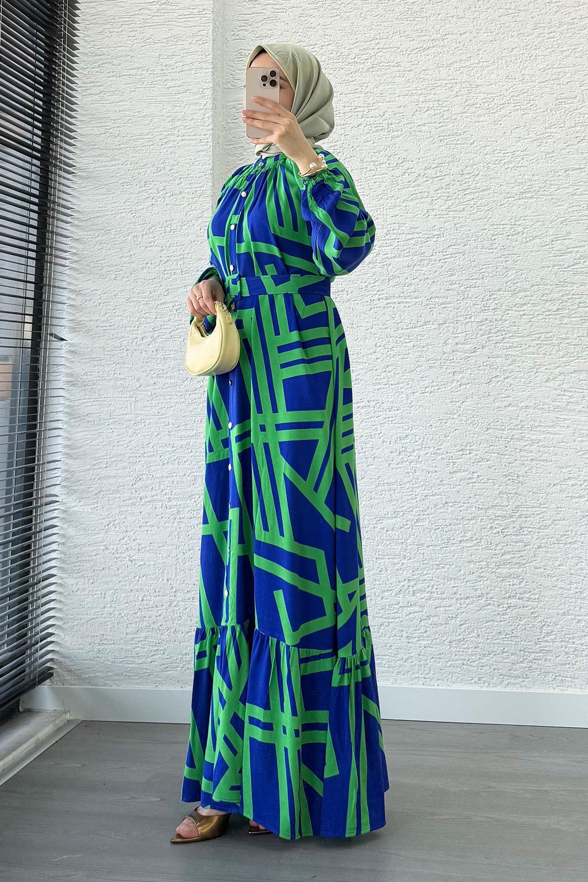 Geometrik Desen Kemerli Viskon Elbise-Saks