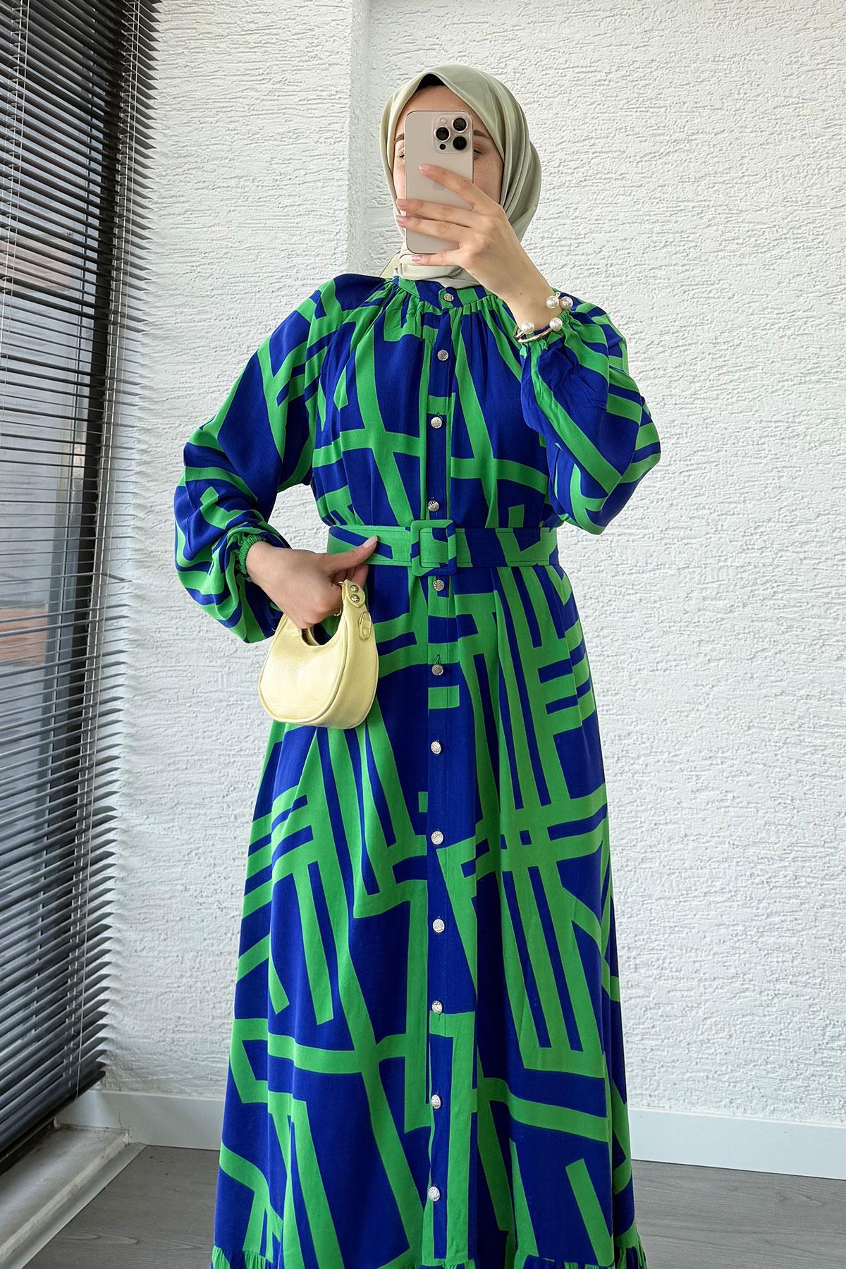 Geometrik Desen Kemerli Viskon Elbise-Saks