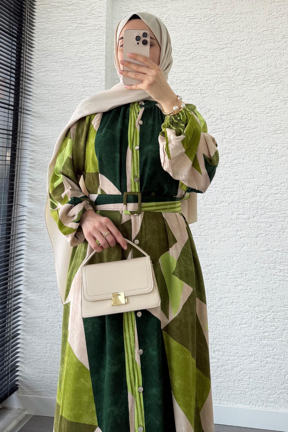 Geometrik Desen Kemerli Viskon Elbise-Yeşil