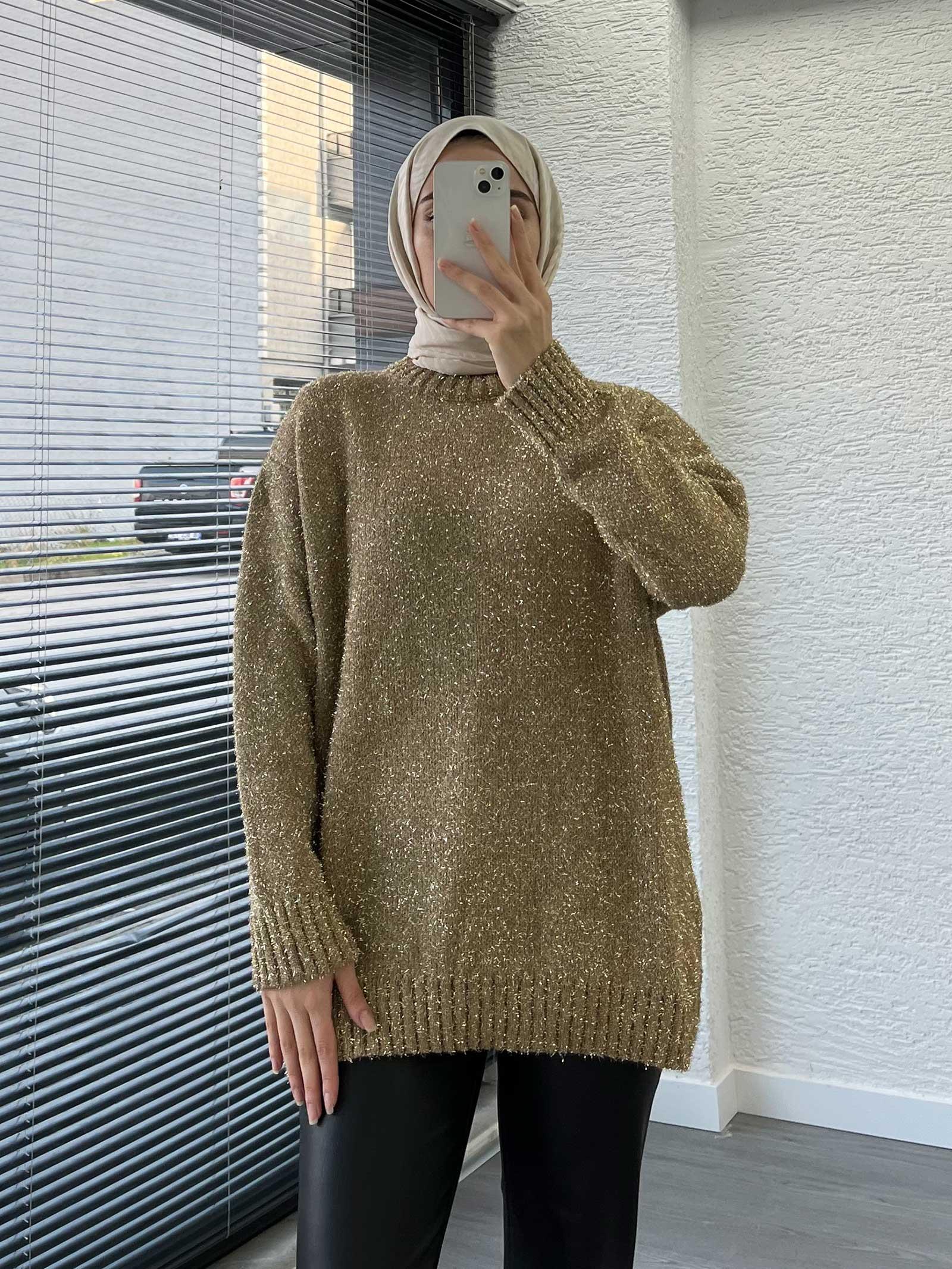 Gold Simli Oversize Kadın Kazak