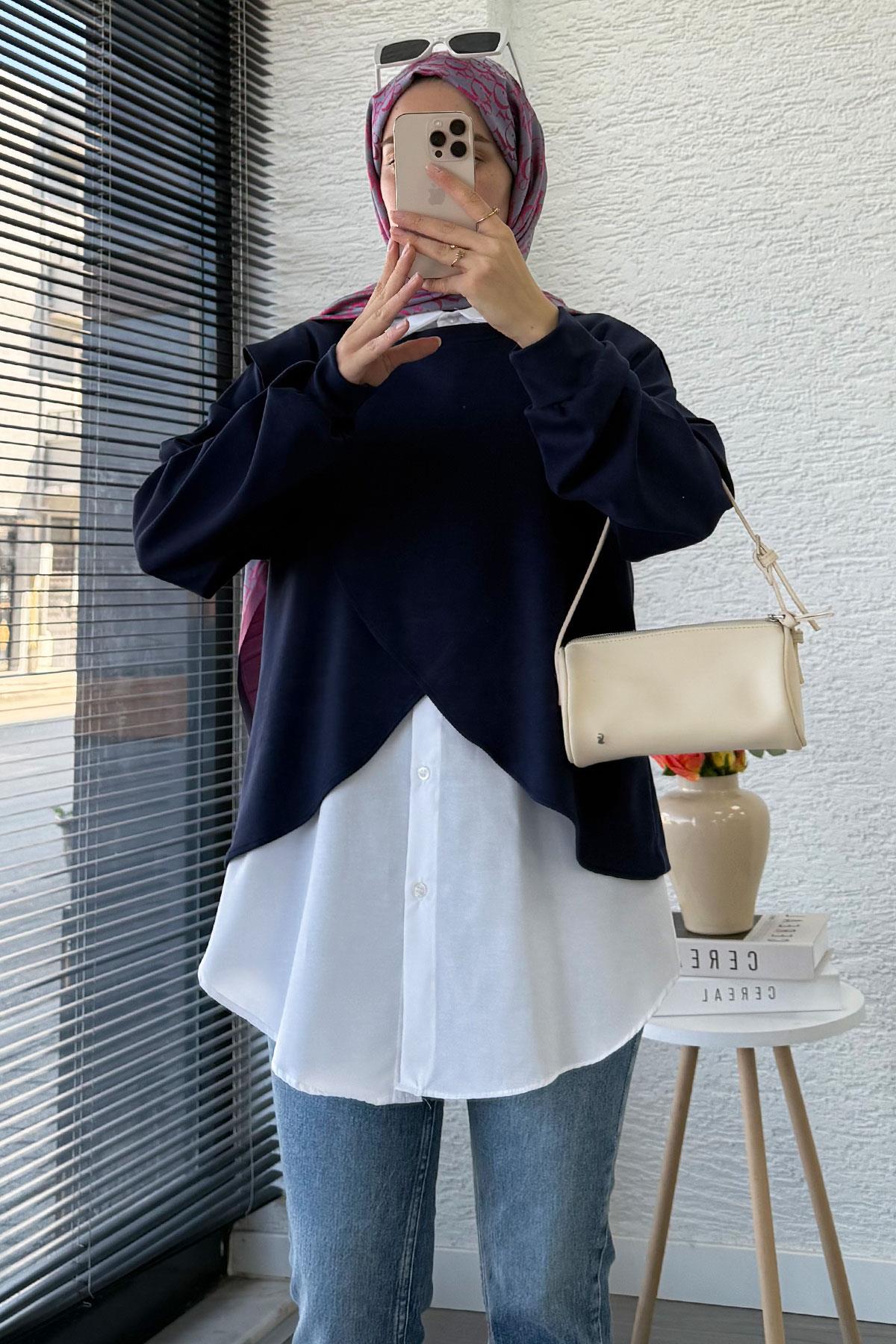 Gömlek Detaylı İkili Kadın Sweatshirt - Lacivert