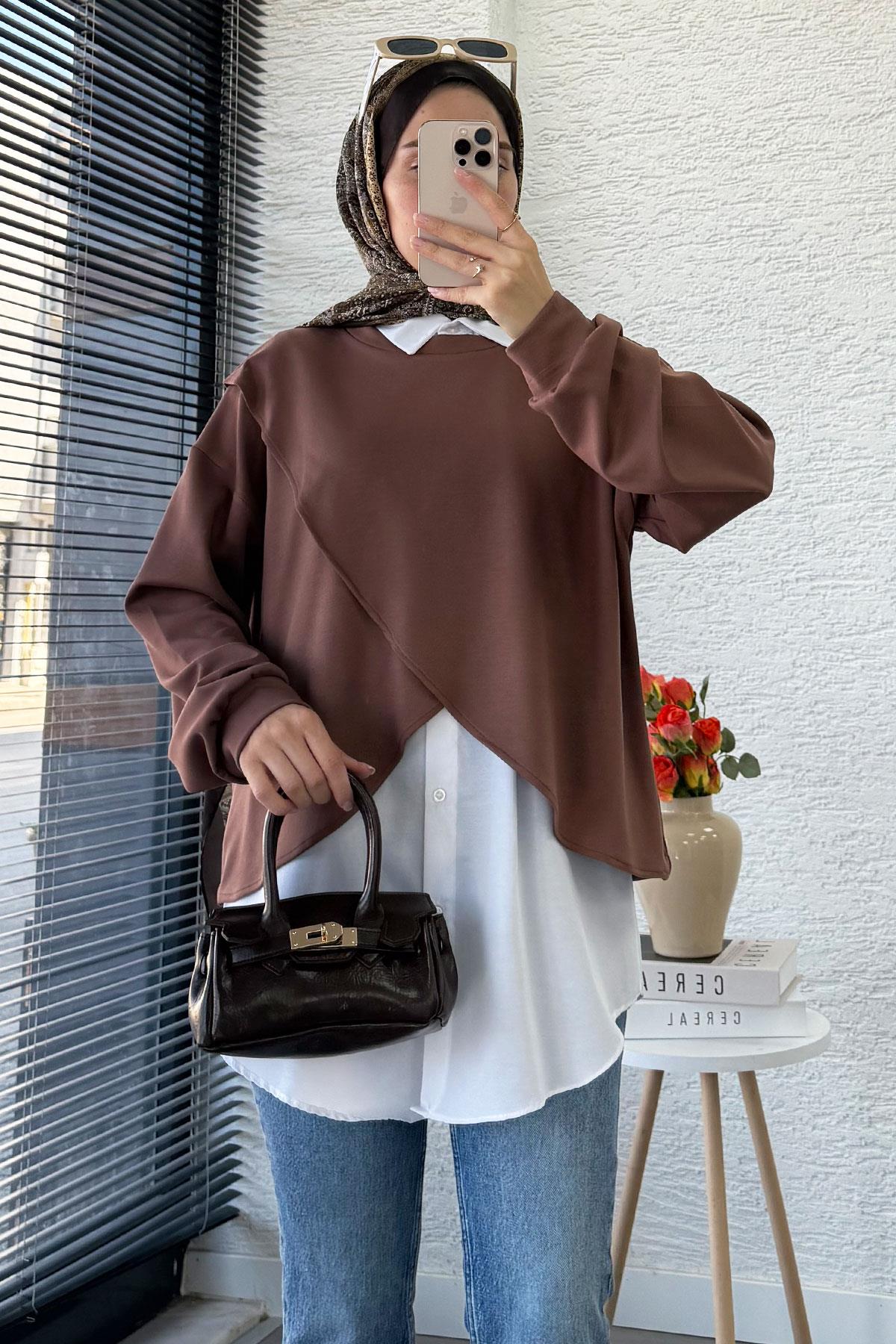 Gömlek Detaylı İkili Kadın Sweatshirt - Kahverengi