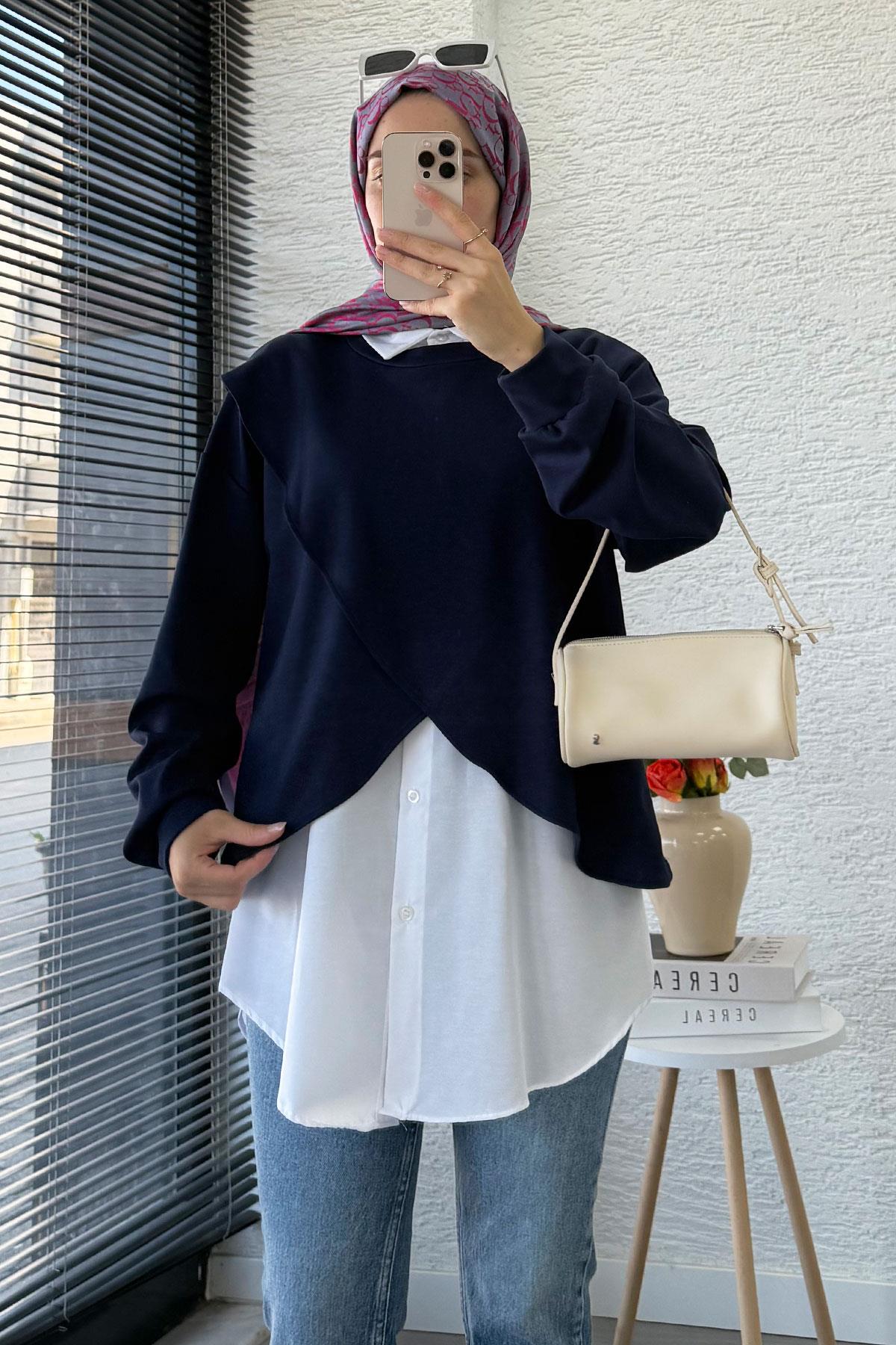 Gömlek Detaylı İkili Kadın Sweatshirt - Lacivert