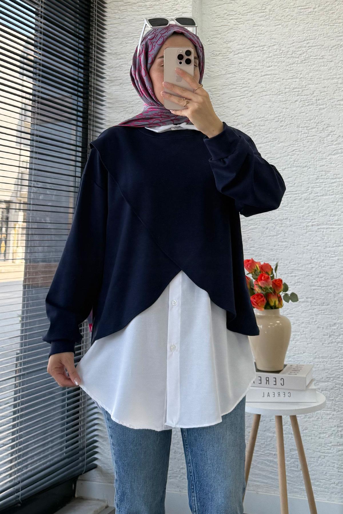 Gömlek Detaylı İkili Kadın Sweatshirt - Lacivert