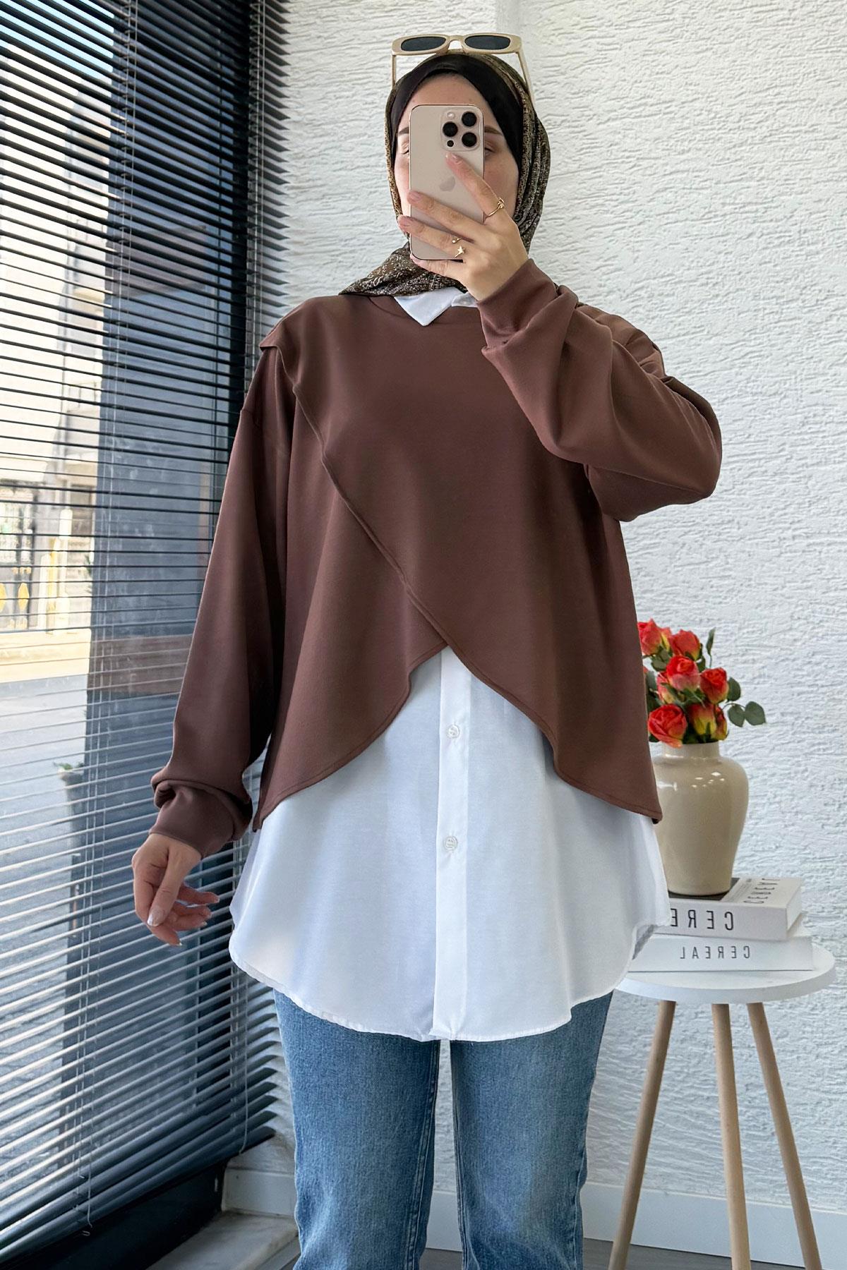 Gömlek Detaylı İkili Kadın Sweatshirt - Kahverengi