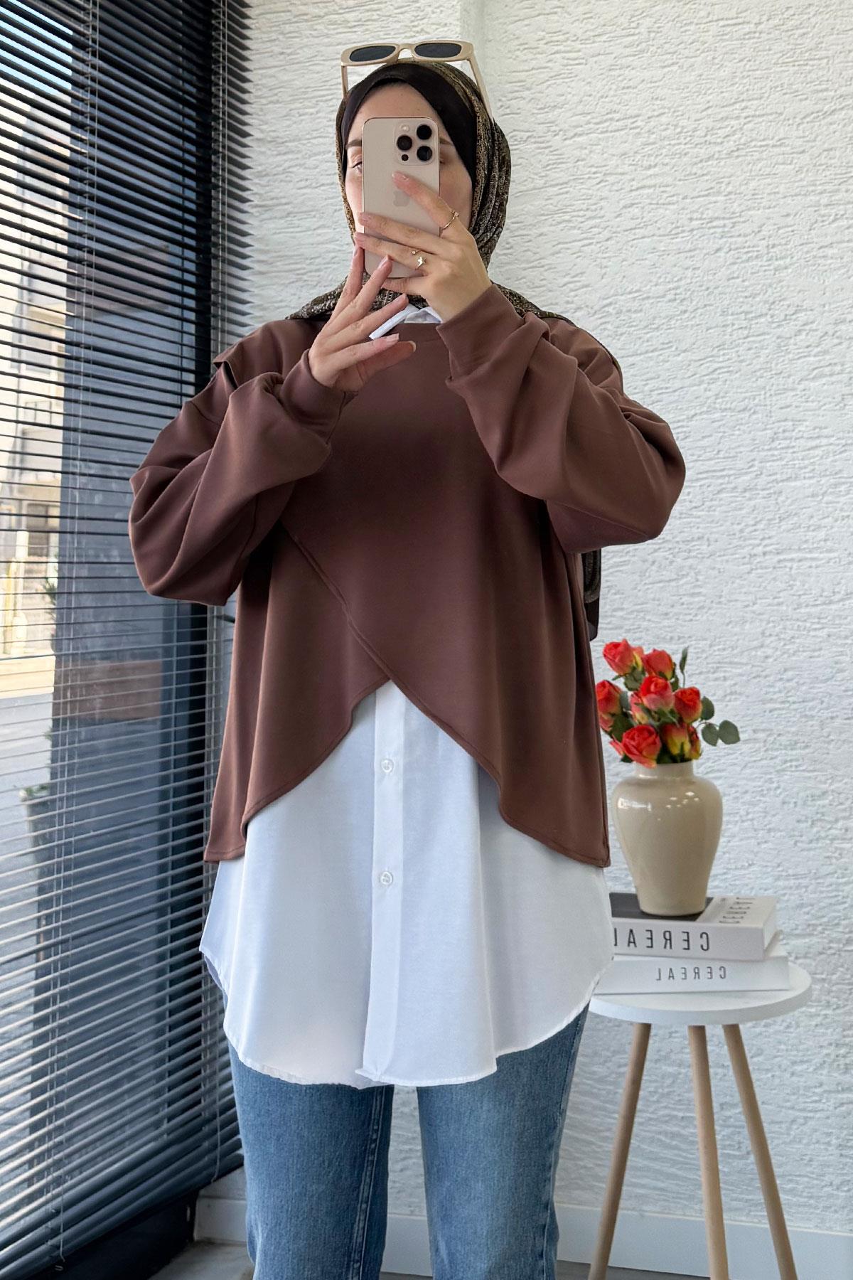 Gömlek Detaylı İkili Kadın Sweatshirt - Kahverengi