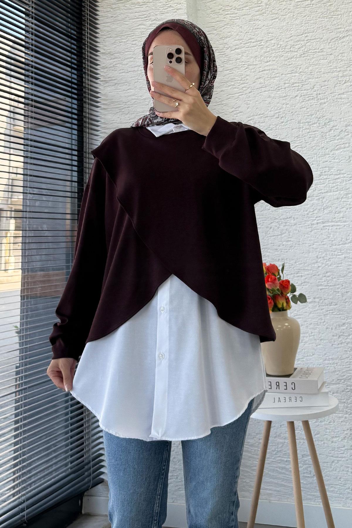 Gömlek Detaylı İkili Kadın Sweatshirt - Mürdüm