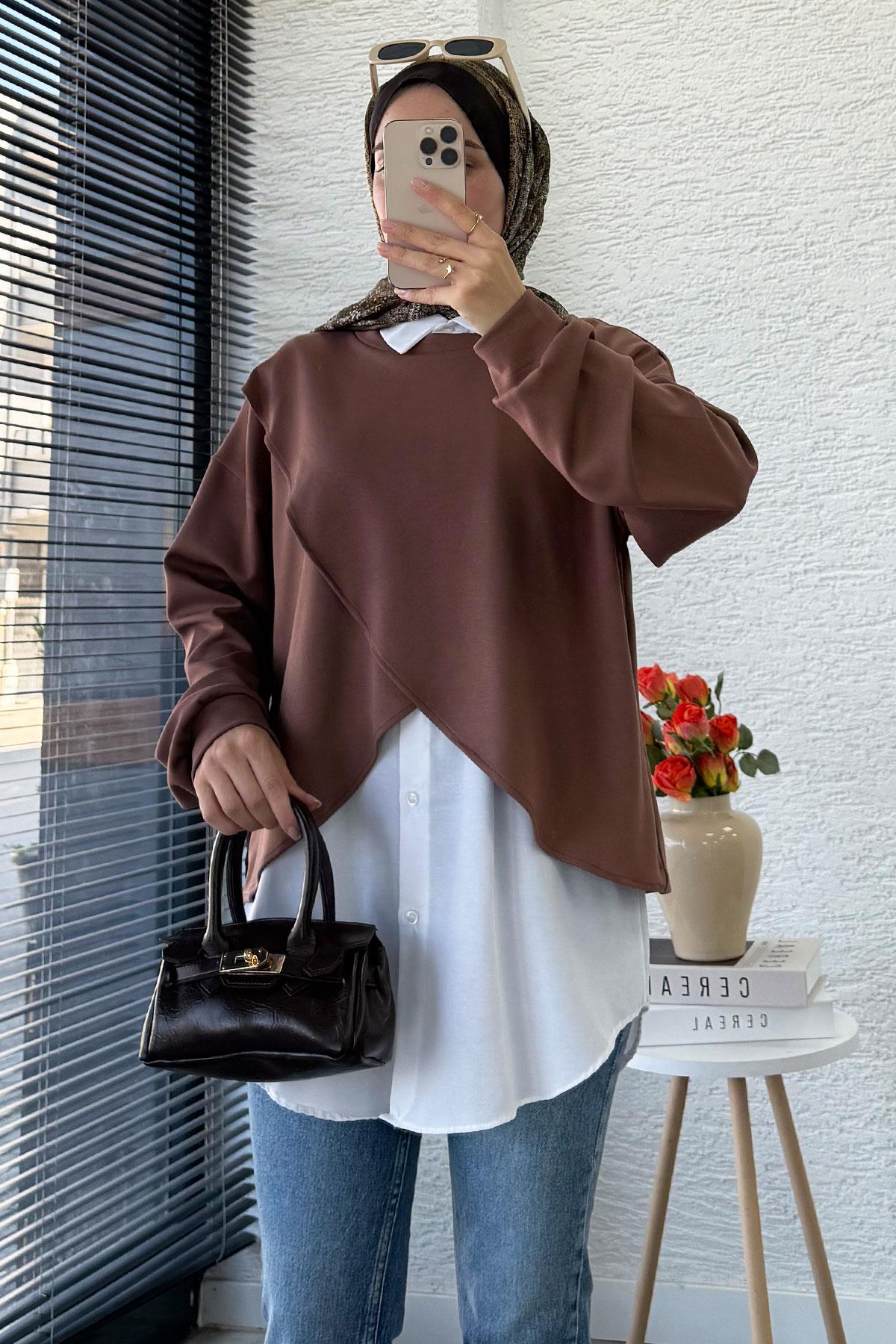 Gömlek Detaylı İkili Kadın Sweatshirt - Kahverengi