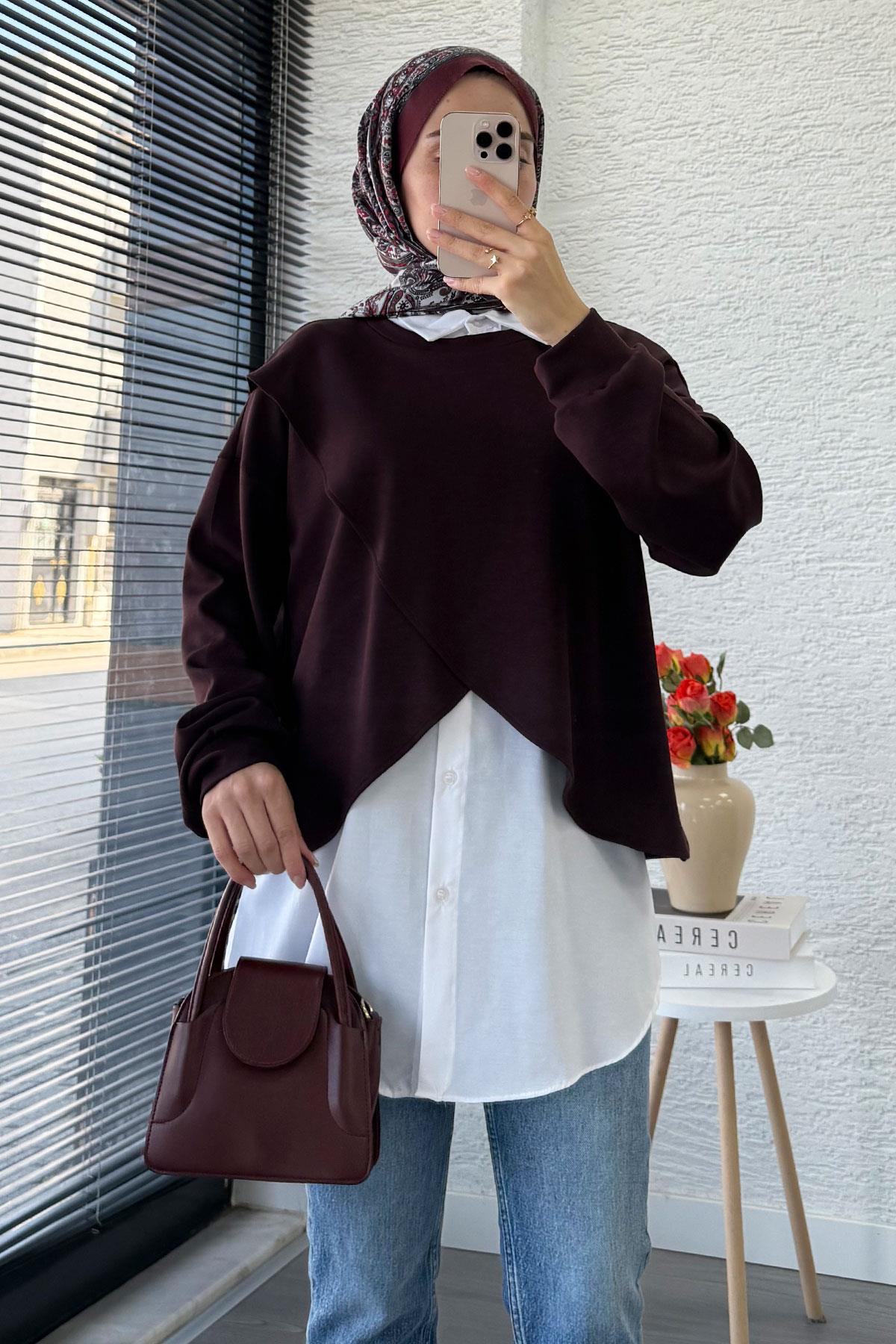 Gömlek Detaylı İkili Kadın Sweatshirt - Mürdüm