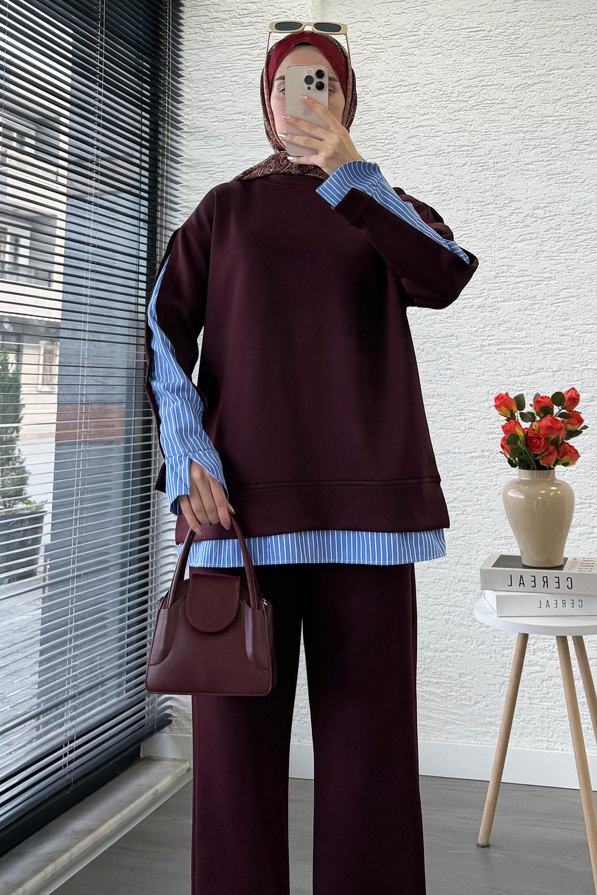 Gömlek Detaylı İkili Scuba Takım – Mürdüm