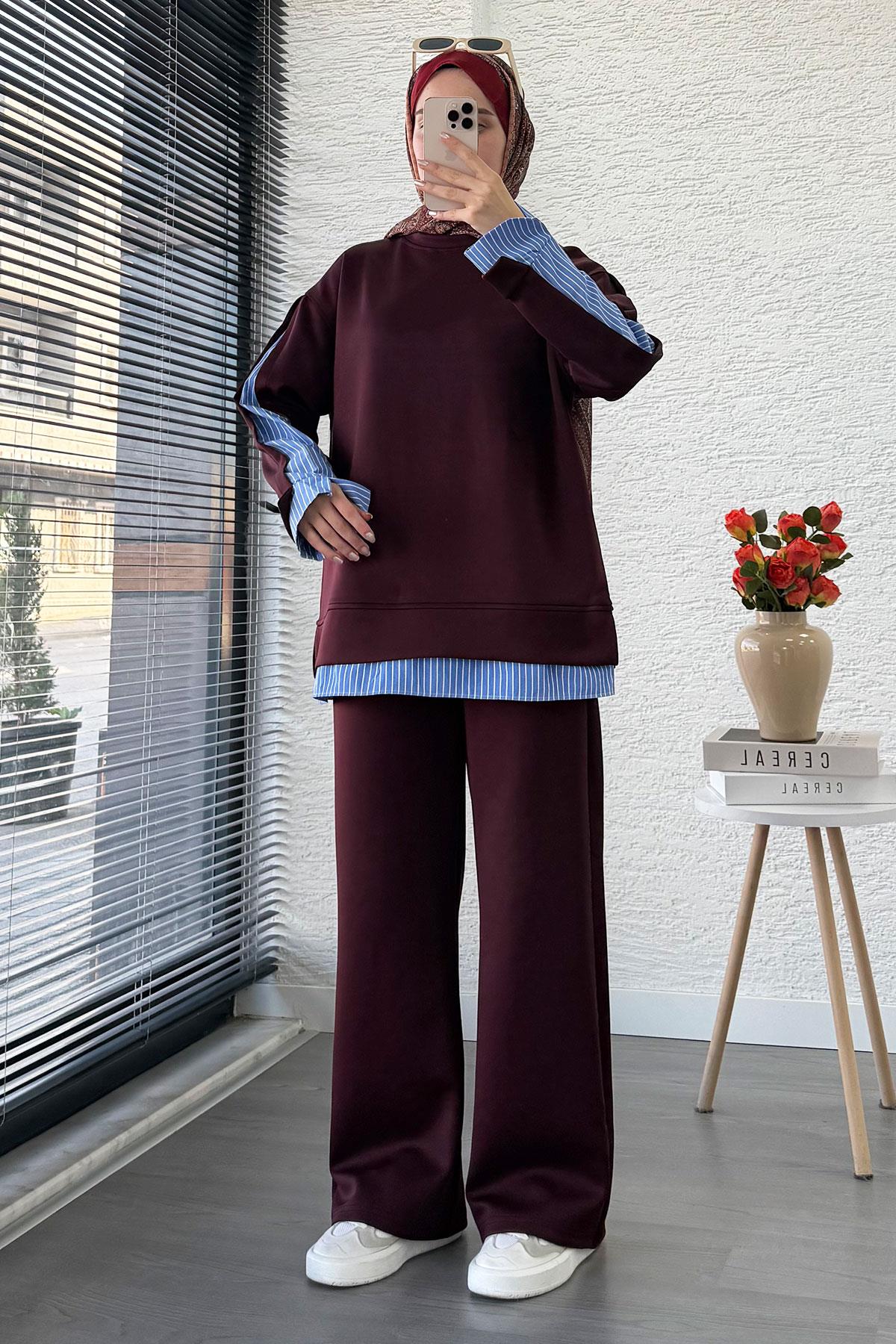 Gömlek Detaylı İkili Scuba Takım – Mürdüm