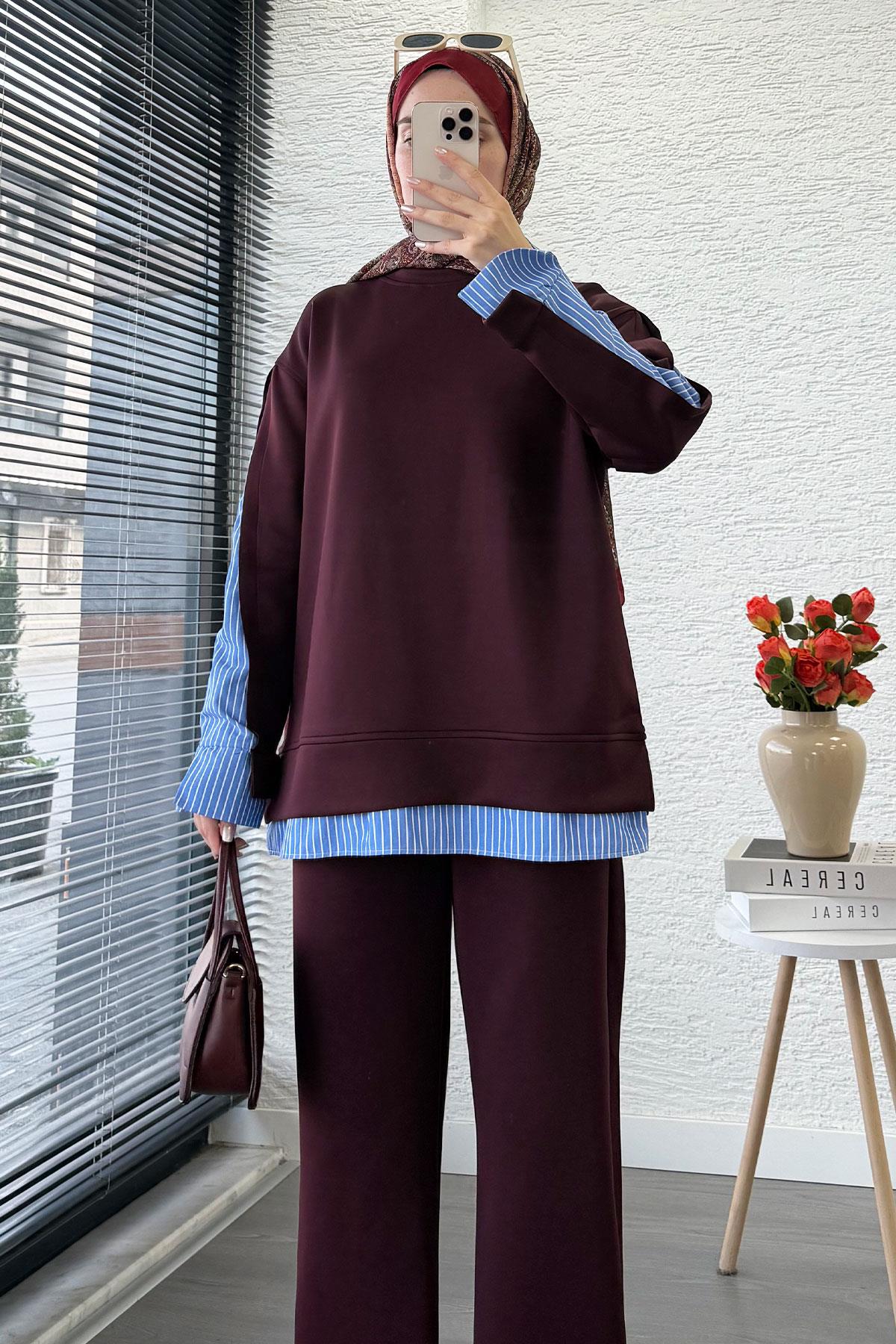 Gömlek Detaylı İkili Scuba Takım – Mürdüm