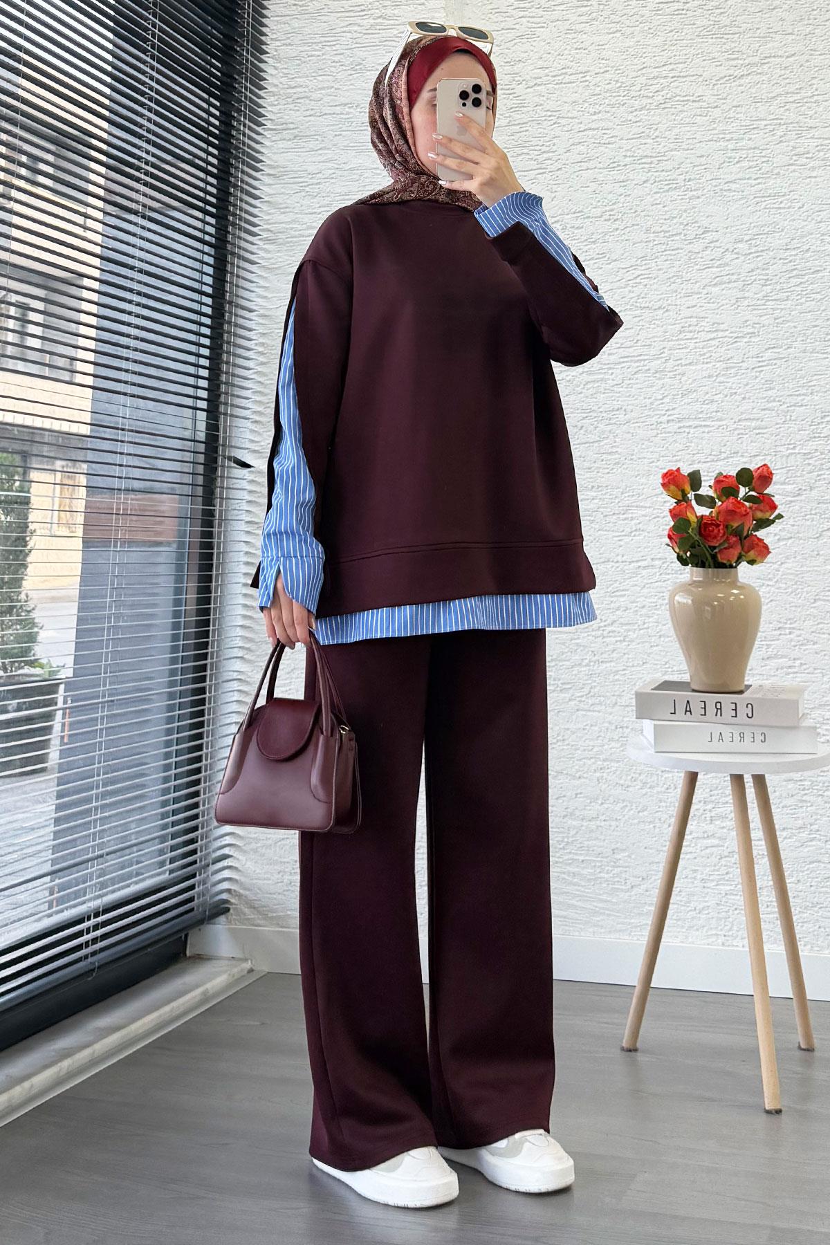 Gömlek Detaylı İkili Scuba Takım – Mürdüm